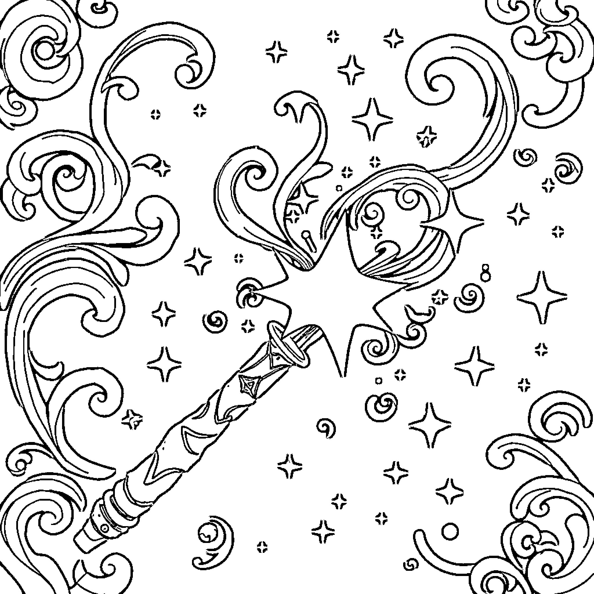 Magic Wand of Whimsical Enchantment Coloring Page (free black-and-white line drawing printable PDF for all, from beginners to advanced learners, including children, teens, adults, and seniors)