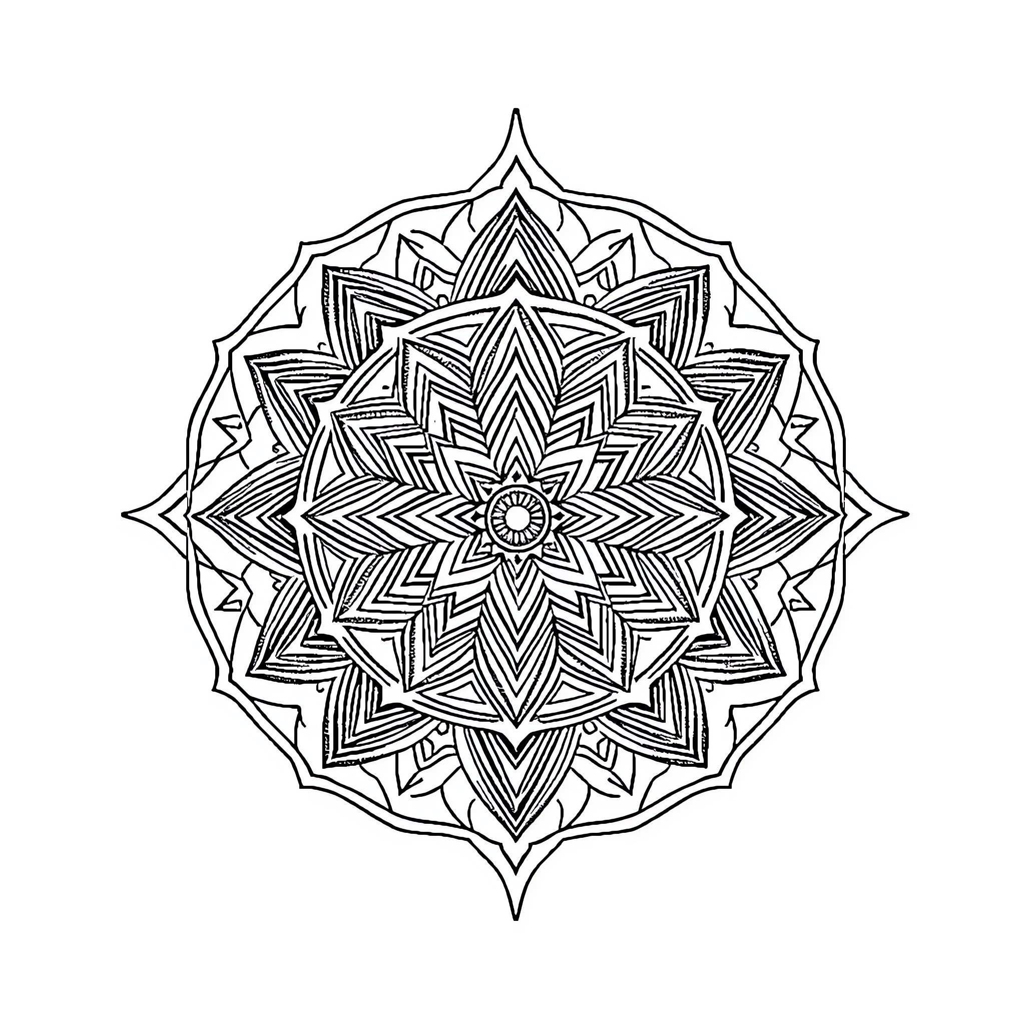 Sri Yantra Geometric Pattern Artwork Coloring Page (free black-and-white line drawing printable PDF for all, from beginners to advanced learners, including children, teens, adults, and seniors)