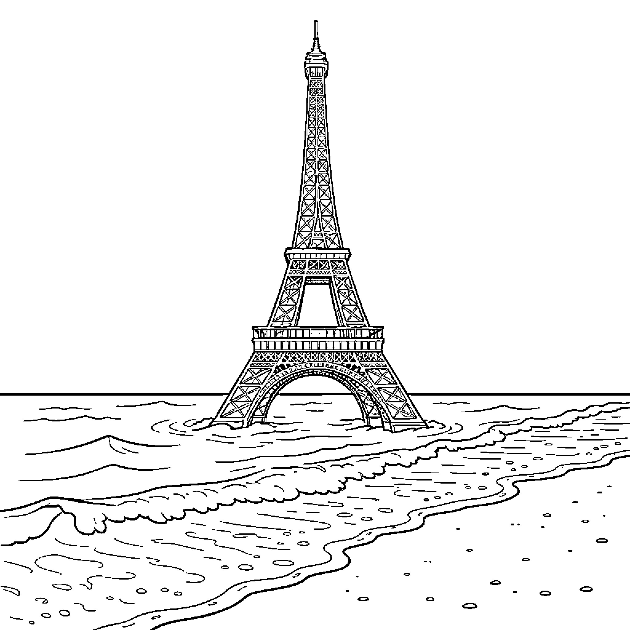 Eiffel Tower standing amidst ocean waves on a beach Coloring Page (free black-and-white line drawing printable PDF for all, from beginners to advanced learners, including children, teens, adults, and seniors)