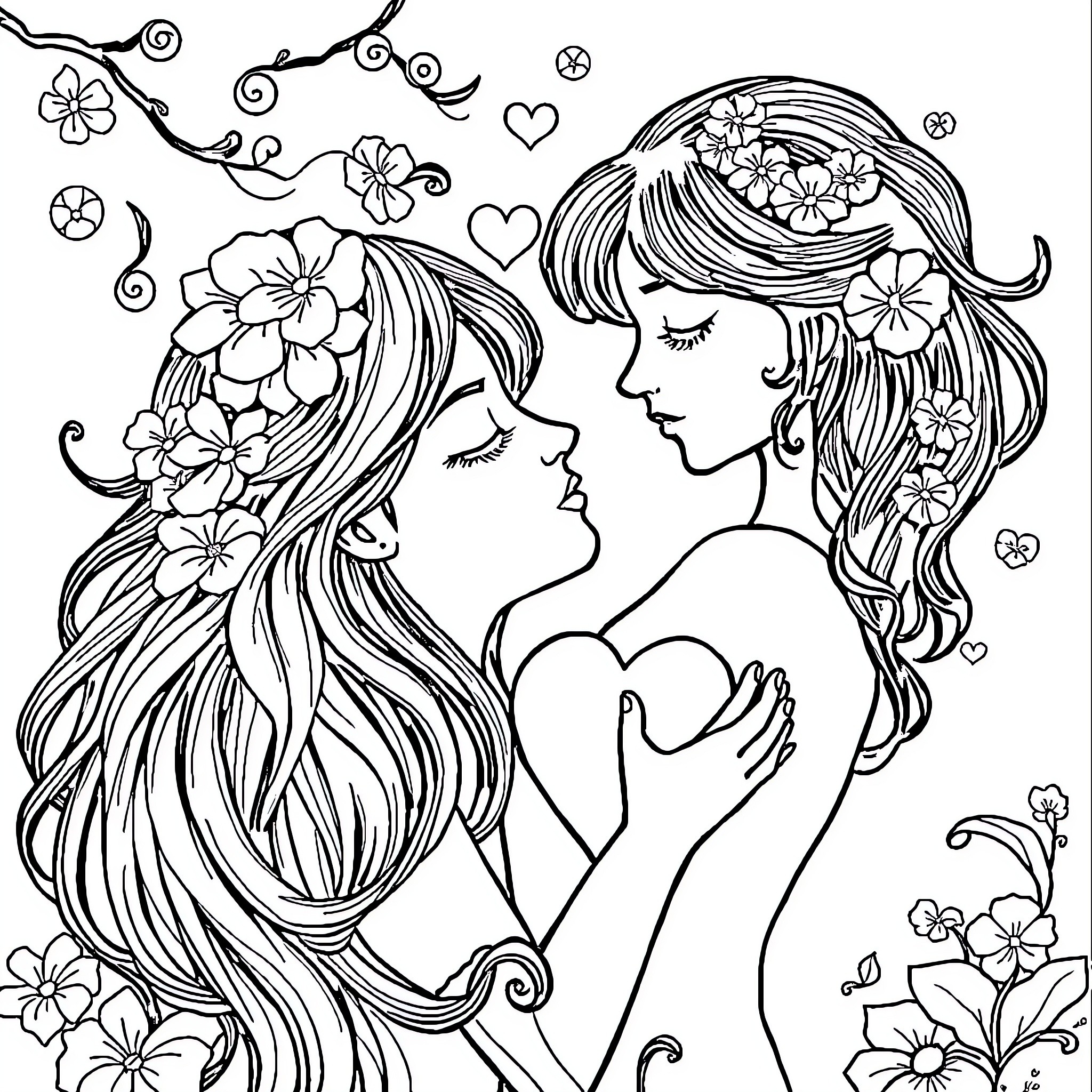 Heart of Floral Embrace Coloring Page (free black-and-white line drawing printable PDF for all, from beginners to advanced learners, including children, teens, adults, and seniors)