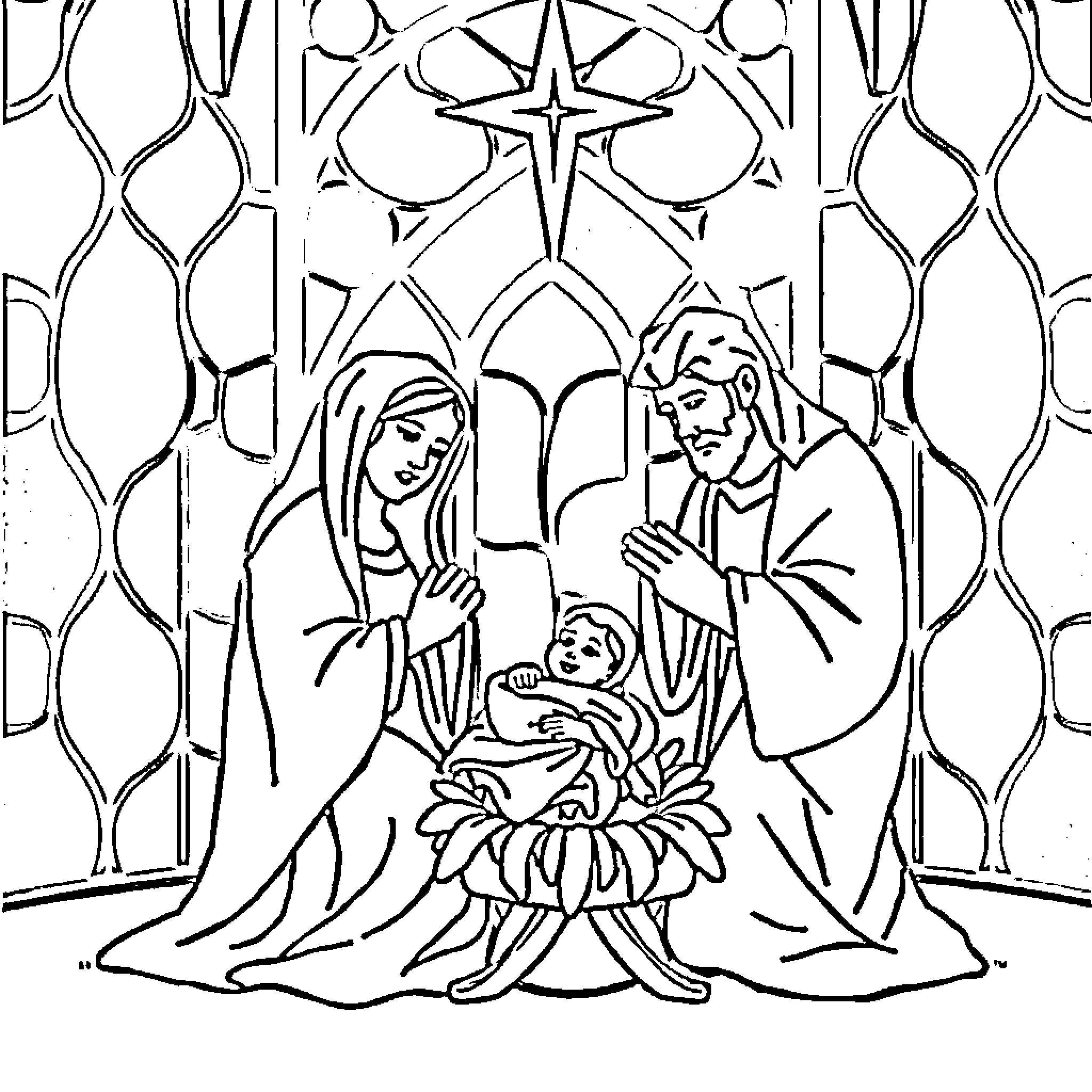 Nativity Scene with Holy Family and Stained Glass Coloring Page (free black-and-white line drawing printable PDF for all, from beginners to advanced learners, including children, teens, adults, and seniors)