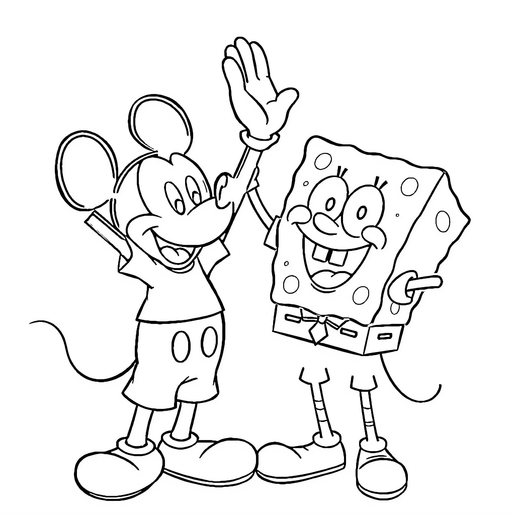 Mickey Mouse and SpongeBob SquarePants waving happily Coloring Page (free black-and-white line drawing printable PDF for all, from beginners to advanced learners, including children, teens, adults, and seniors)