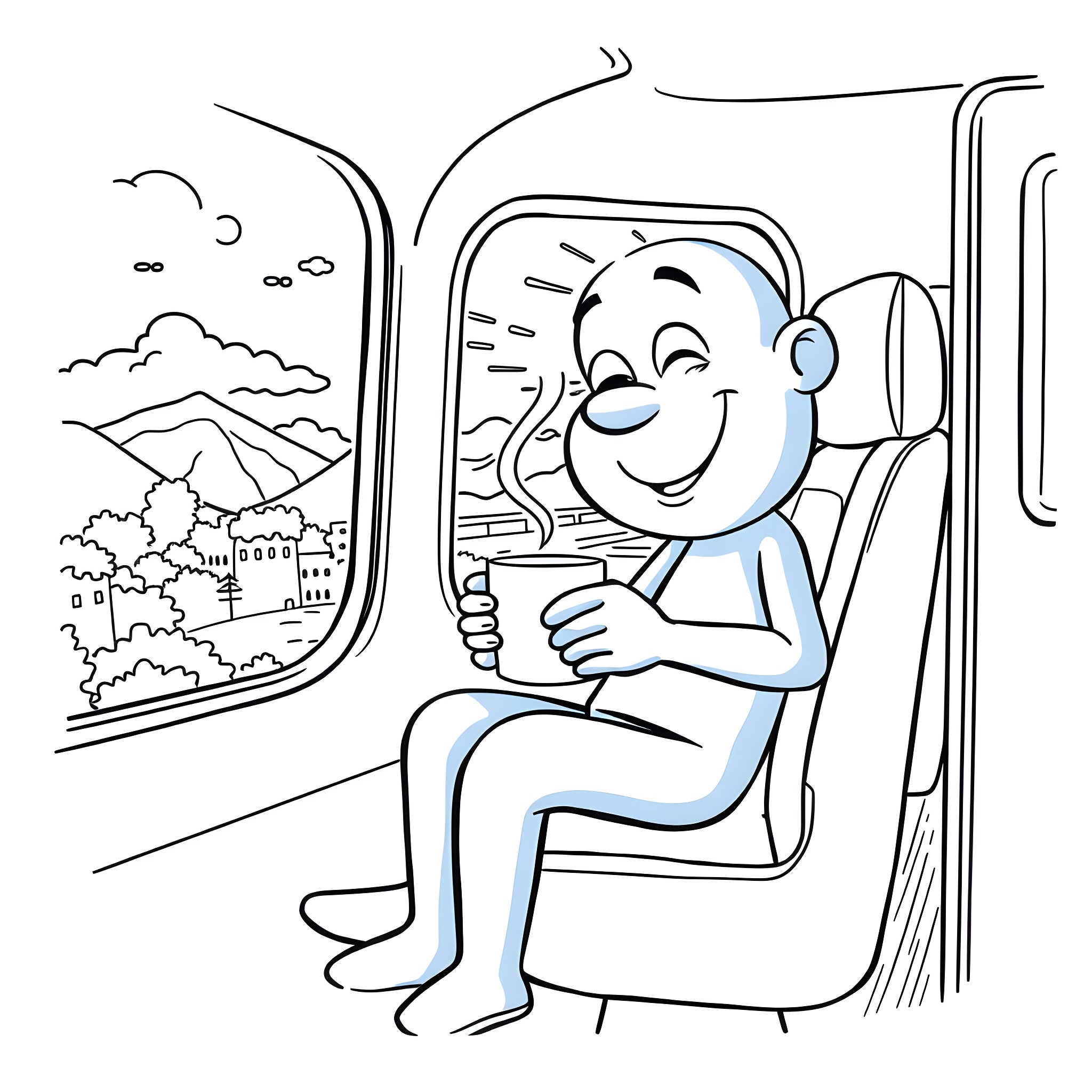 Bluey happily enjoying the view from the bus window Coloring Page (free black-and-white line drawing printable PDF for all, from beginners to advanced learners, including children, teens, adults, and seniors)