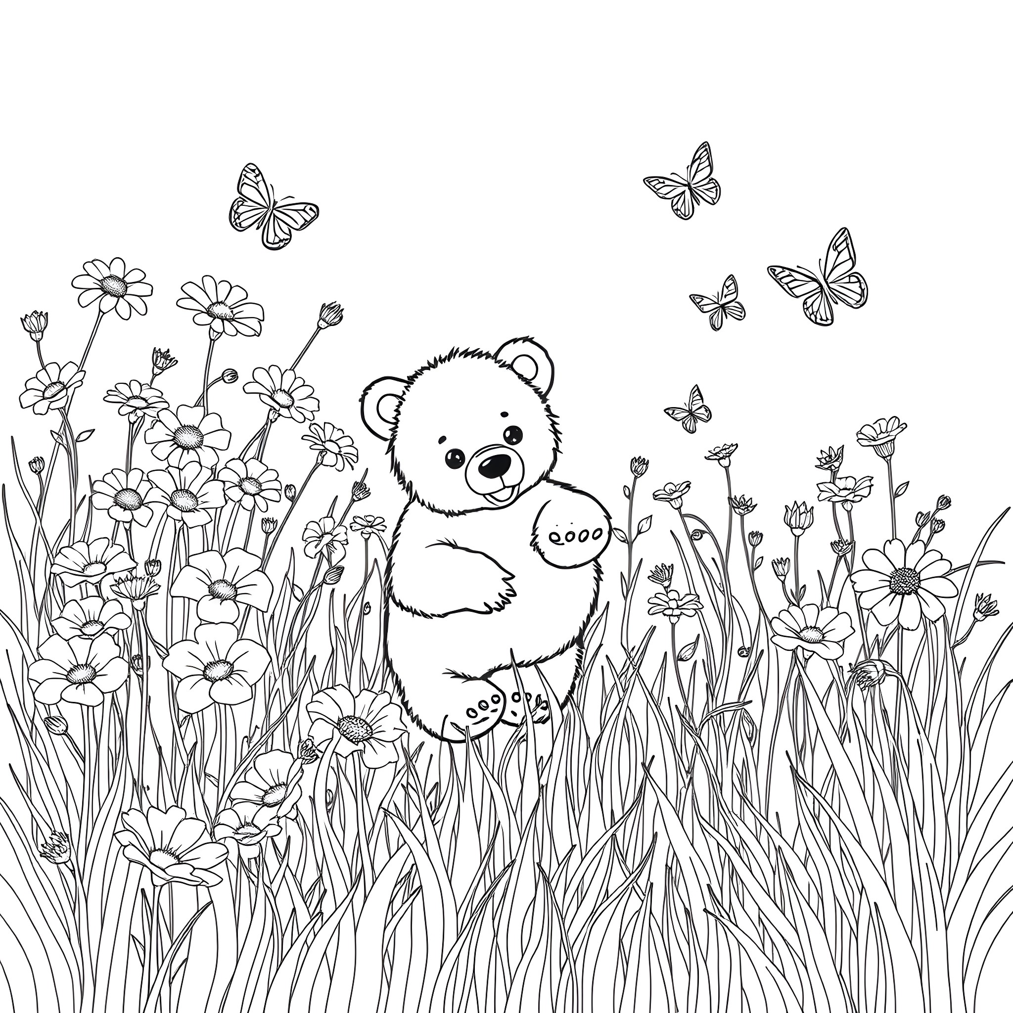 Bear in a Flower-Filled Meadow with Butterflies Coloring Page (free black-and-white line drawing printable PDF for all, from beginners to advanced learners, including children, teens, adults, and seniors)