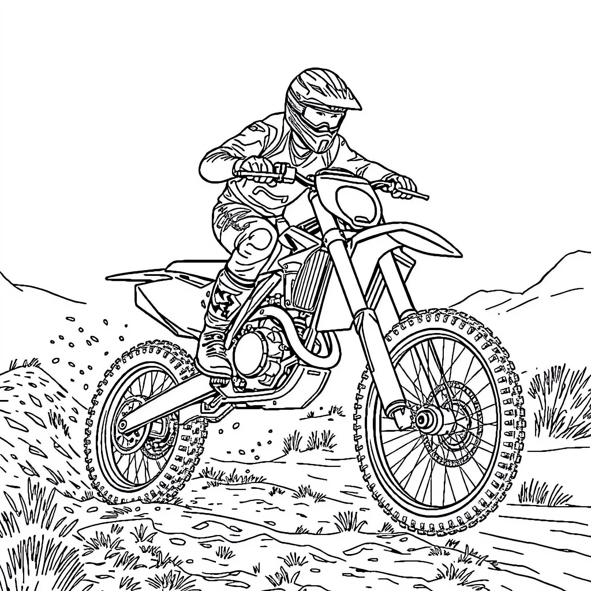 Moto Rider Navigating Rugged Terrain Coloring Page (free black-and-white line drawing printable PDF for all, from beginners to advanced learners, including children, teens, adults, and seniors)
