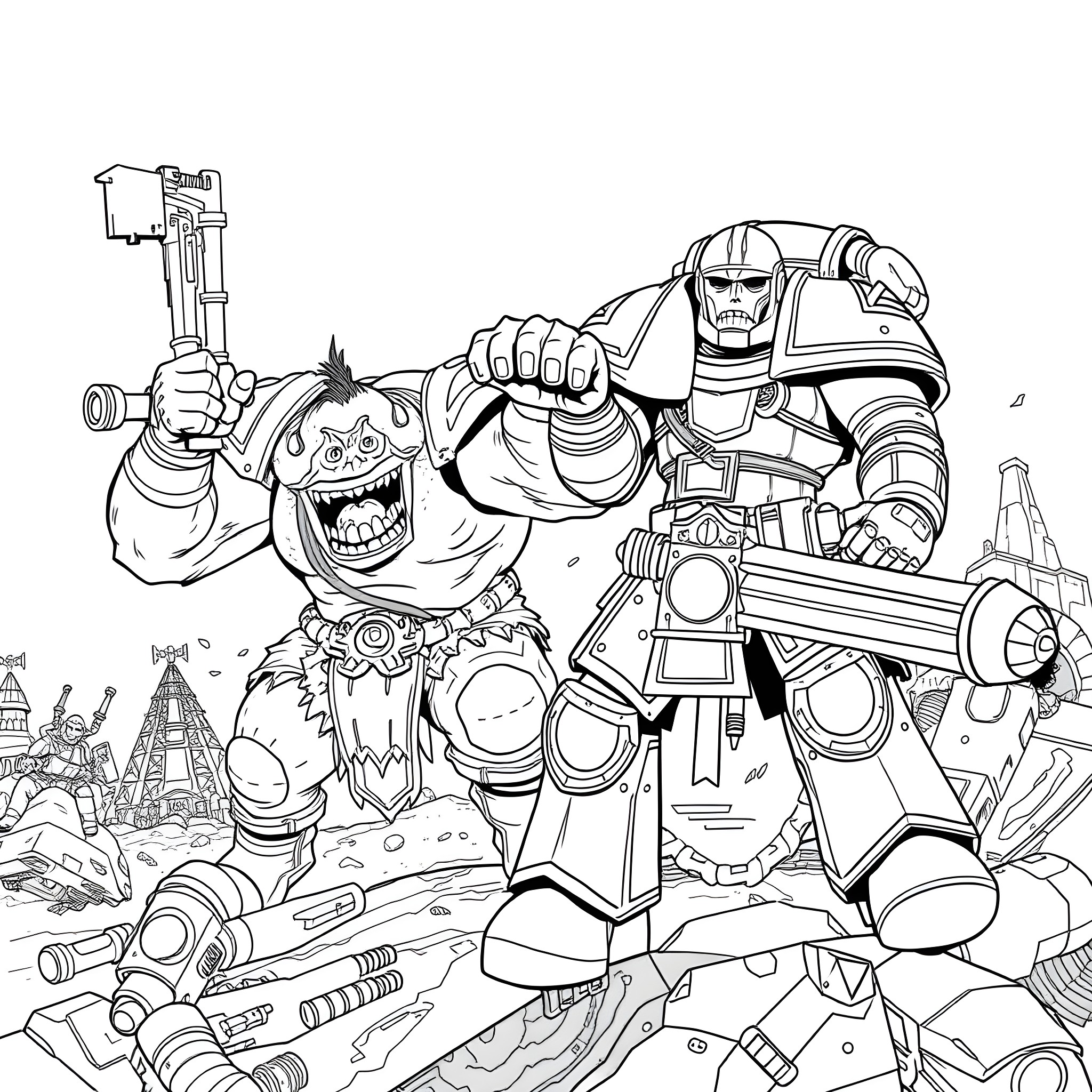 Warhammer battle scene with armored warrior and monstrous enemy Coloring Page (free black-and-white line drawing printable PDF for all, from beginners to advanced learners, including children, teens, adults, and seniors)