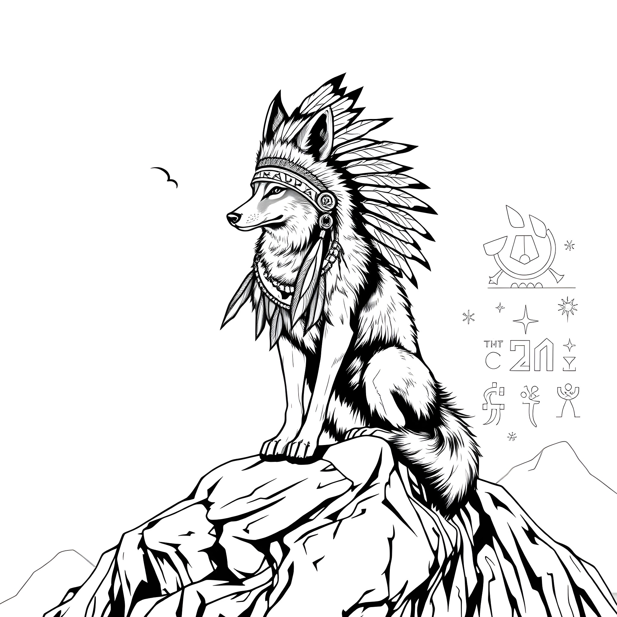 Coyote Wearing Tribal Headdress on Mountain Cliff Coloring Page (free black-and-white line drawing printable PDF for all, from beginners to advanced learners, including children, teens, adults, and seniors)