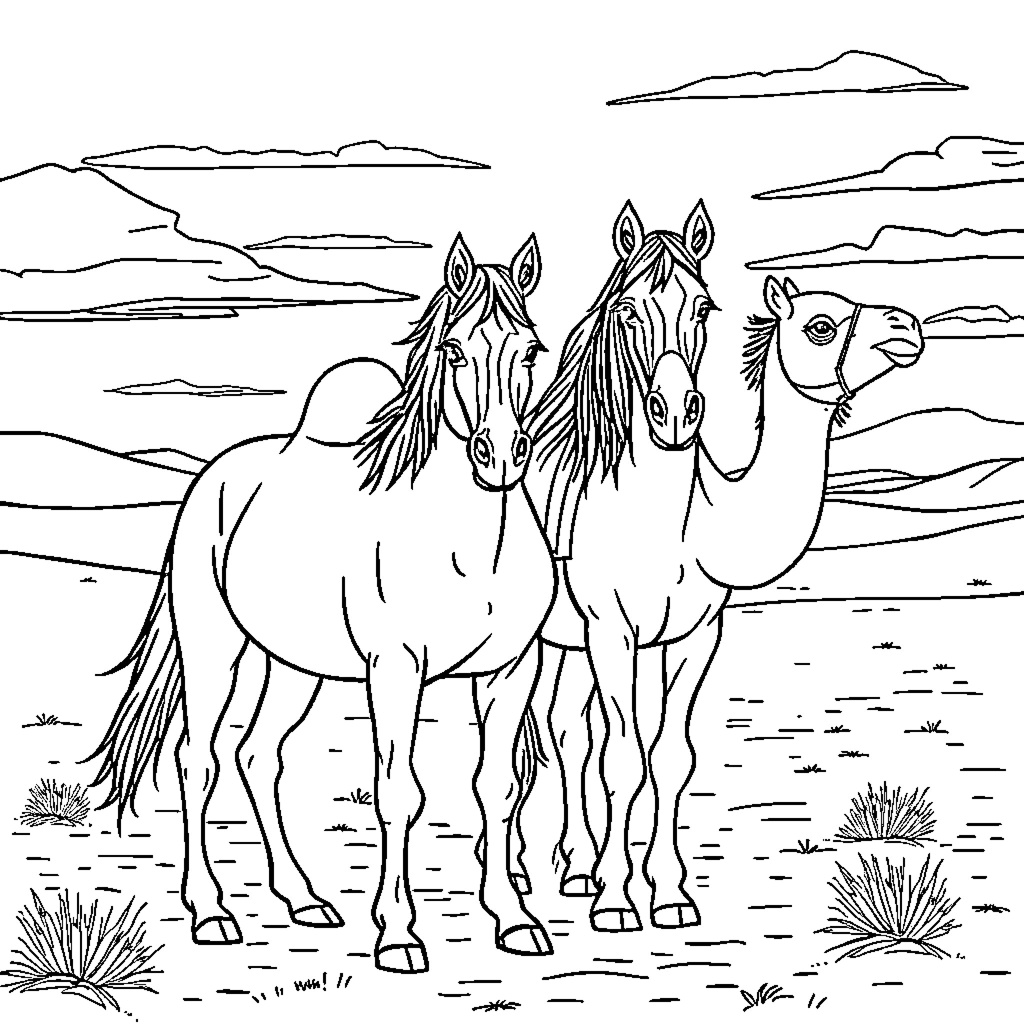 Horses standing together in a scenic landscape Coloring Page (free black-and-white line drawing printable PDF for all, from beginners to advanced learners, including children, teens, adults, and seniors)