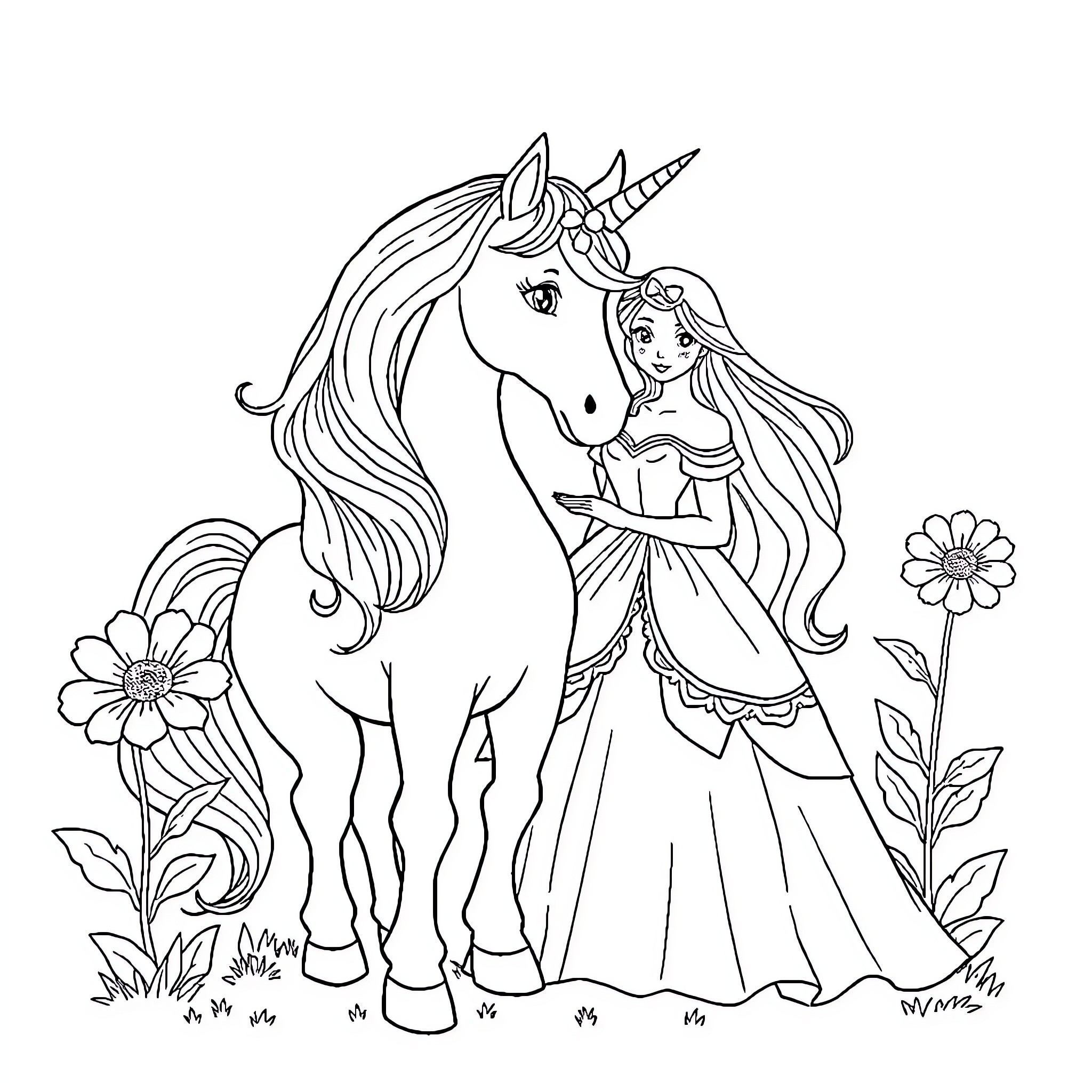 Unicorn and Princess in a Floral Wonderland Coloring Page (free black-and-white line drawing printable PDF for all, from beginners to advanced learners, including children, teens, adults, and seniors)