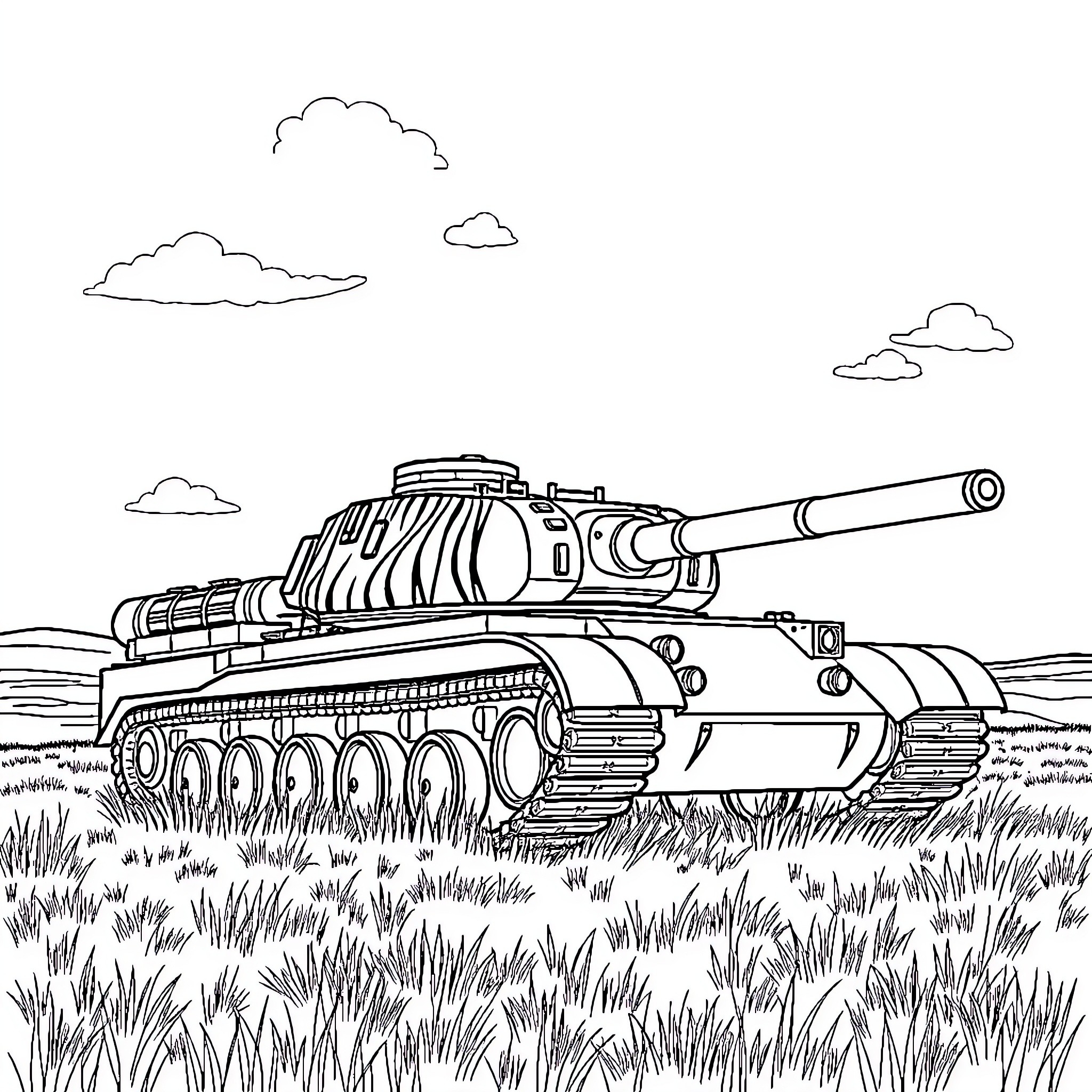 Tiger Tank Prowling in the Grassy Field Coloring Page (free black-and-white line drawing printable PDF for all, from beginners to advanced learners, including children, teens, adults, and seniors)