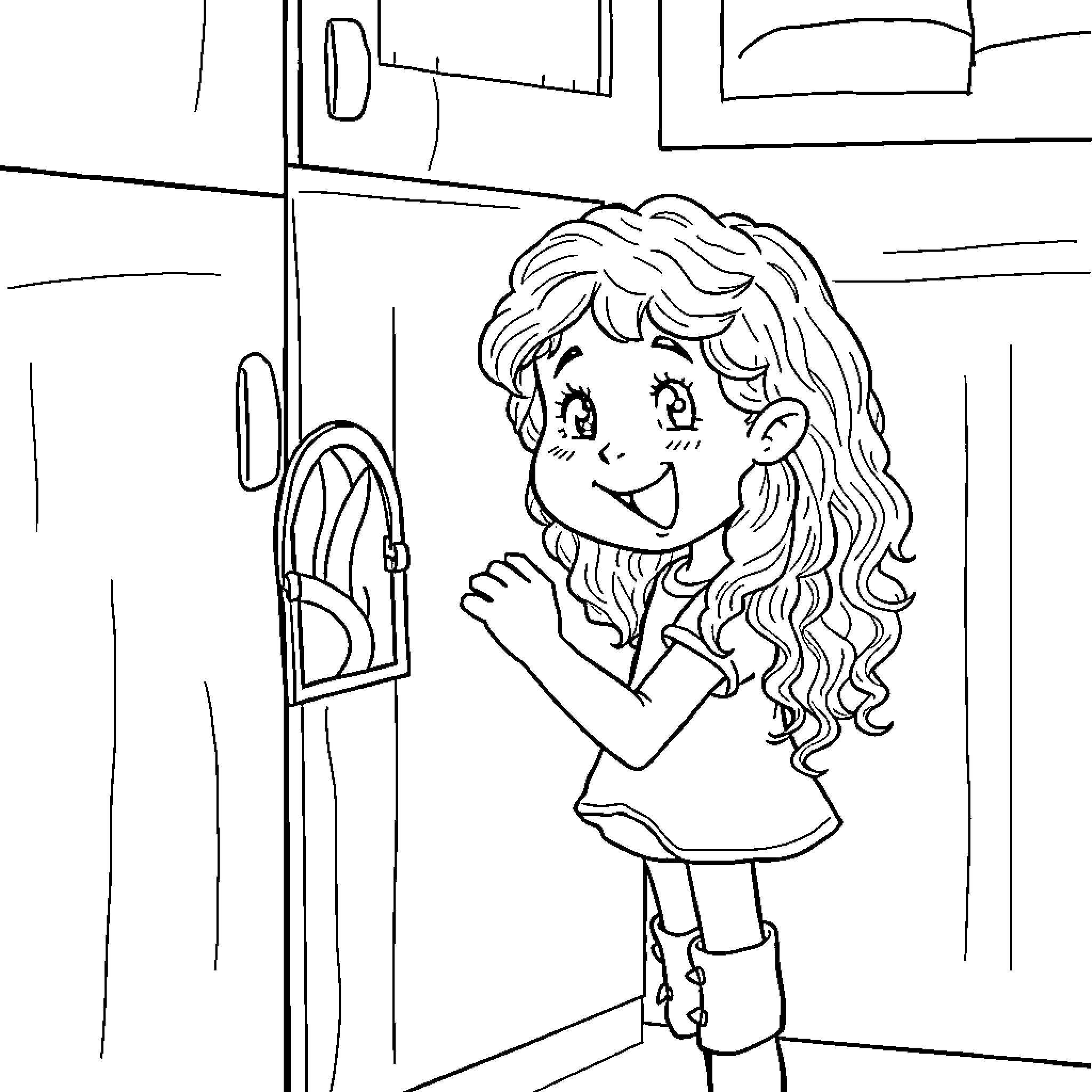 Girl waving happily in doorway Coloring Page (free black-and-white line drawing printable PDF for all, from beginners to advanced learners, including children, teens, adults, and seniors)