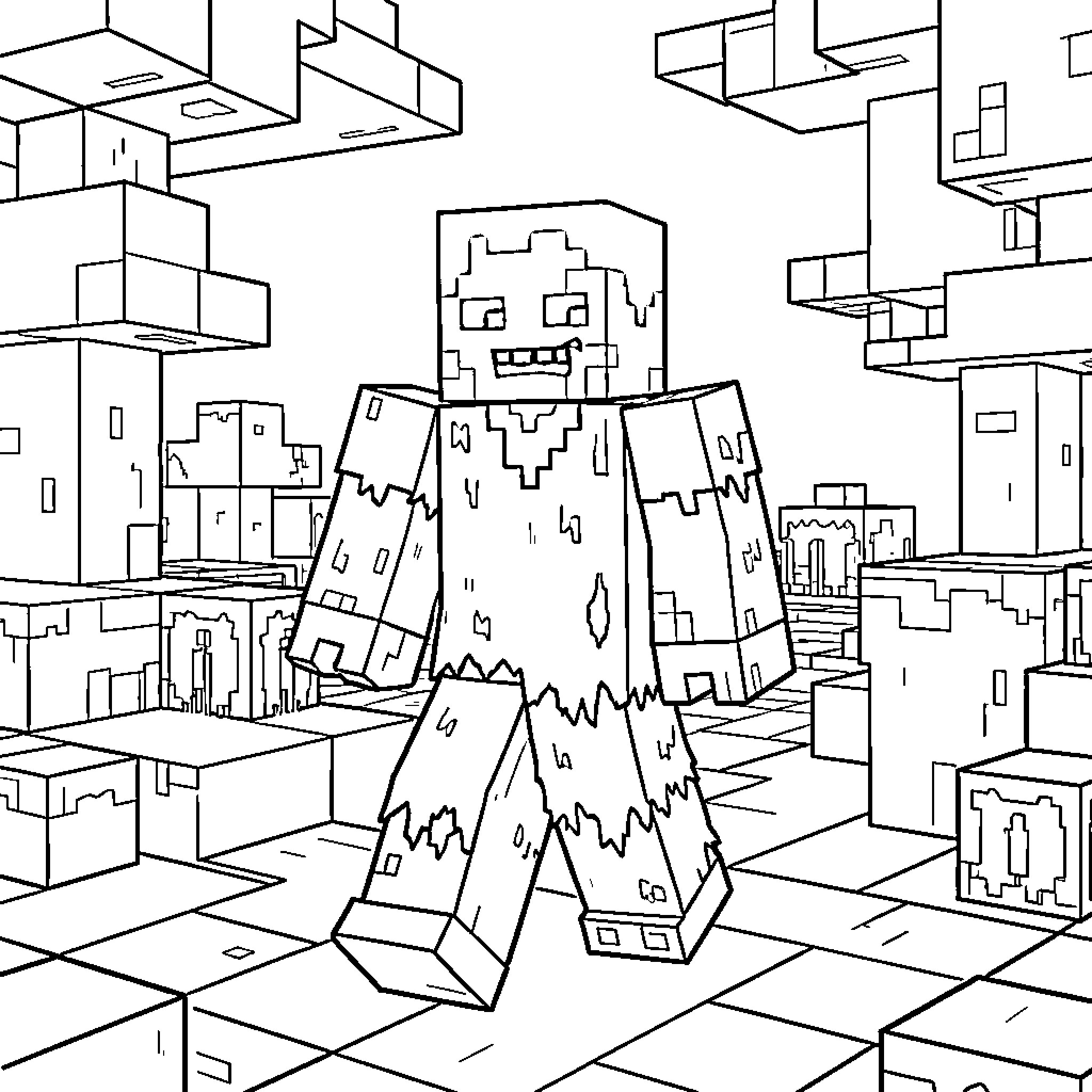 Minecraft Zombie exploring a blocky, cubical world Coloring Page (free black-and-white line drawing printable PDF for all, from beginners to advanced learners, including children, teens, adults, and seniors)