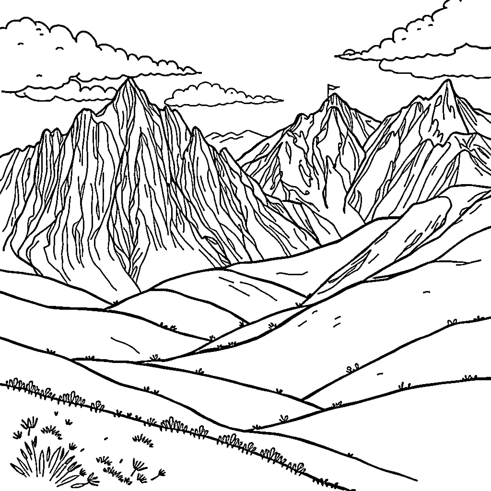 Mountain landscape with rugged peaks and rolling hills Coloring Page (free black-and-white line drawing printable PDF for all, from beginners to advanced learners, including children, teens, adults, and seniors)