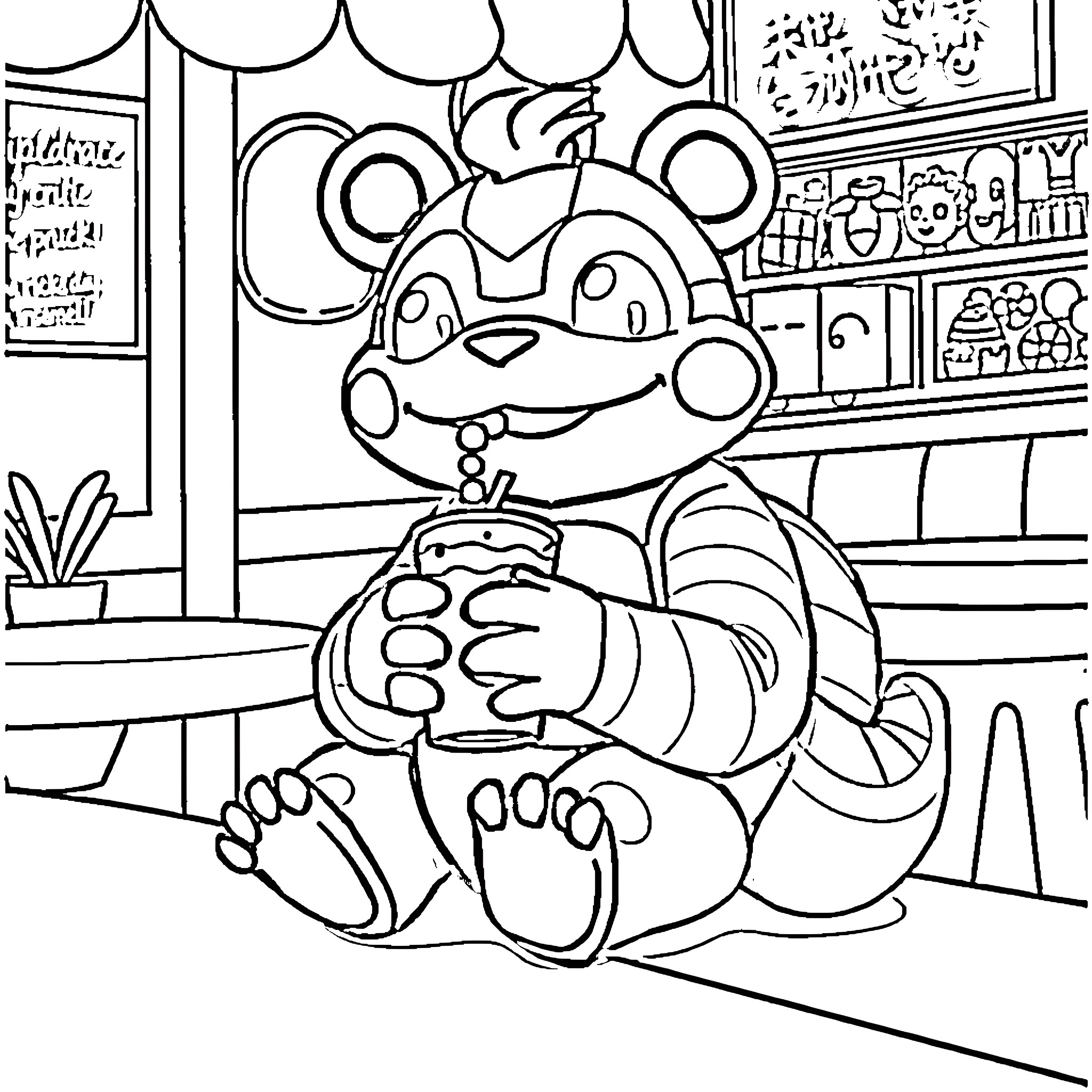 Springtrap playing with a toy in a store Coloring Page (free black-and-white line drawing printable PDF for all, from beginners to advanced learners, including children, teens, adults, and seniors)