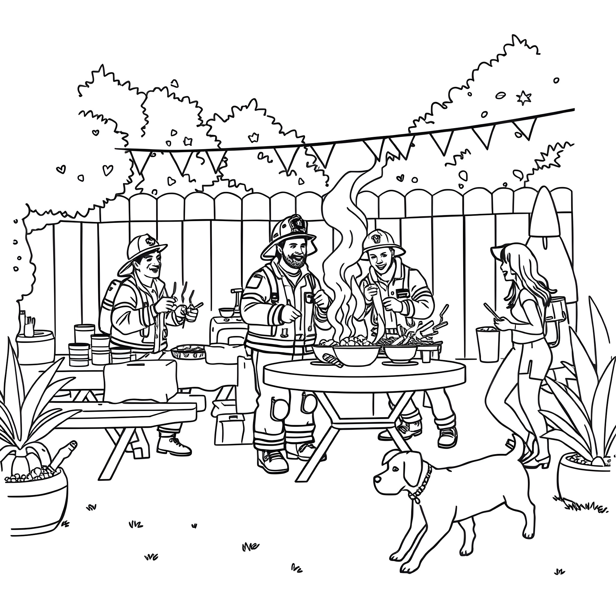 Firemen enjoying a barbecue party in their backyard Coloring Page (free black-and-white line drawing printable PDF for all, from beginners to advanced learners, including children, teens, adults, and seniors)