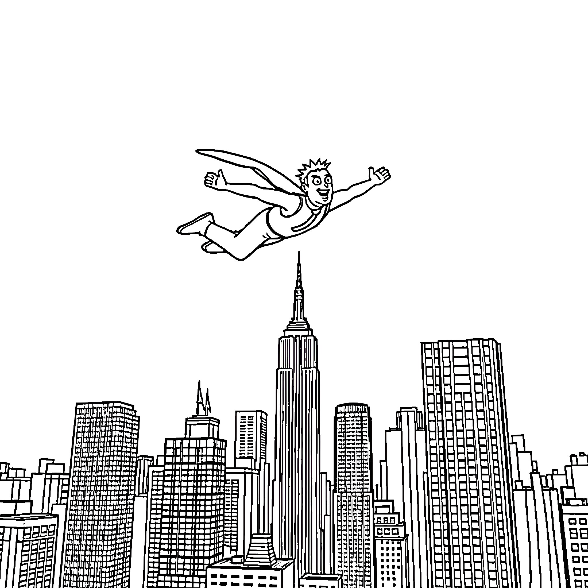 Fart Man flies heroically over the city Coloring Page (free black-and-white line drawing printable PDF for all, from beginners to advanced learners, including children, teens, adults, and seniors)