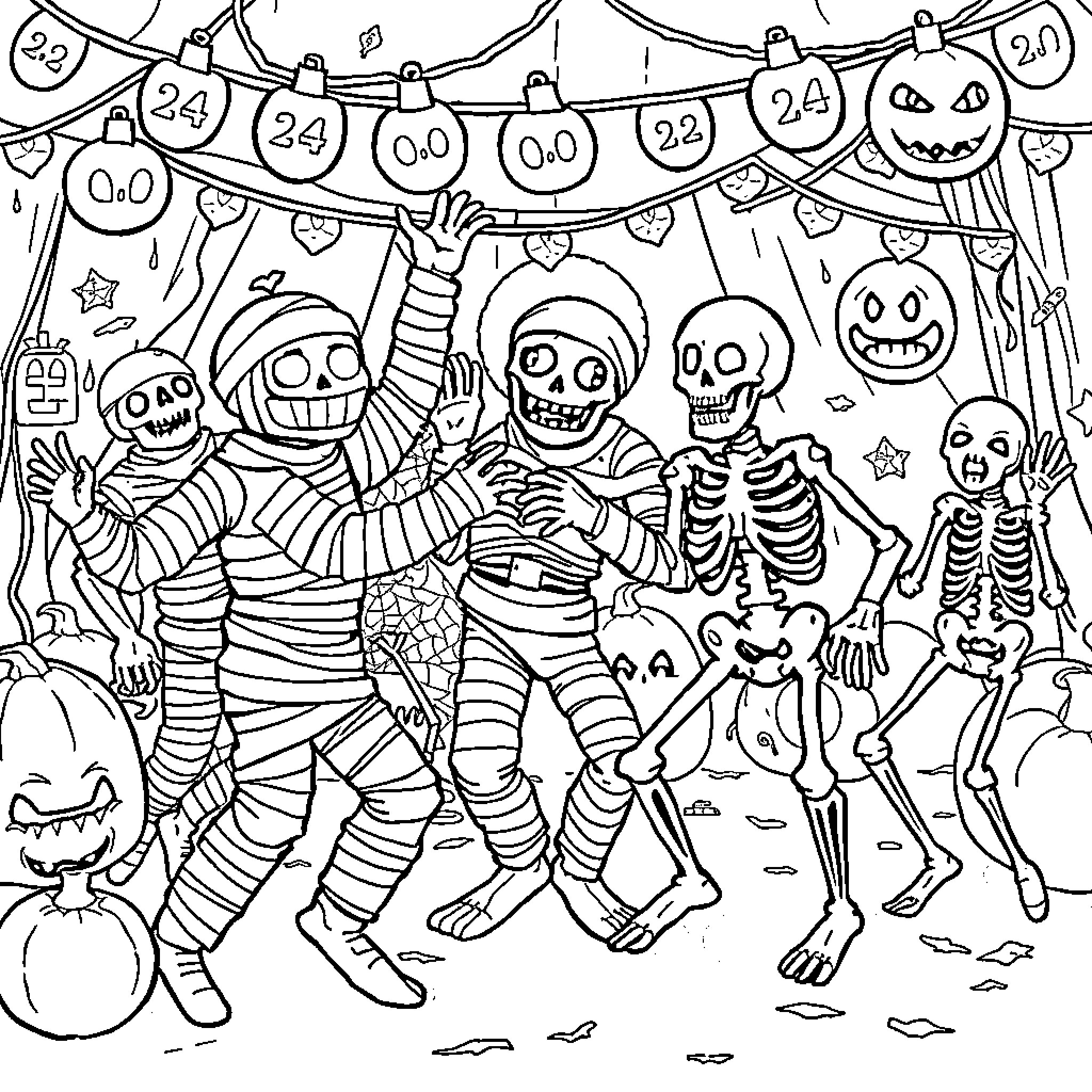 Monster Mummies Dancing in Spooky Carnival Coloring Page (free black-and-white line drawing printable PDF for all, from beginners to advanced learners, including children, teens, adults, and seniors)