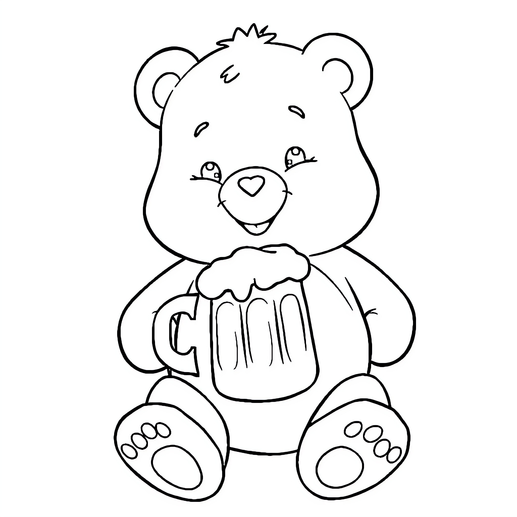 Care Bear enjoying a mug of cheer Coloring Page (free black-and-white line drawing printable PDF for all, from beginners to advanced learners, including children, teens, adults, and seniors)