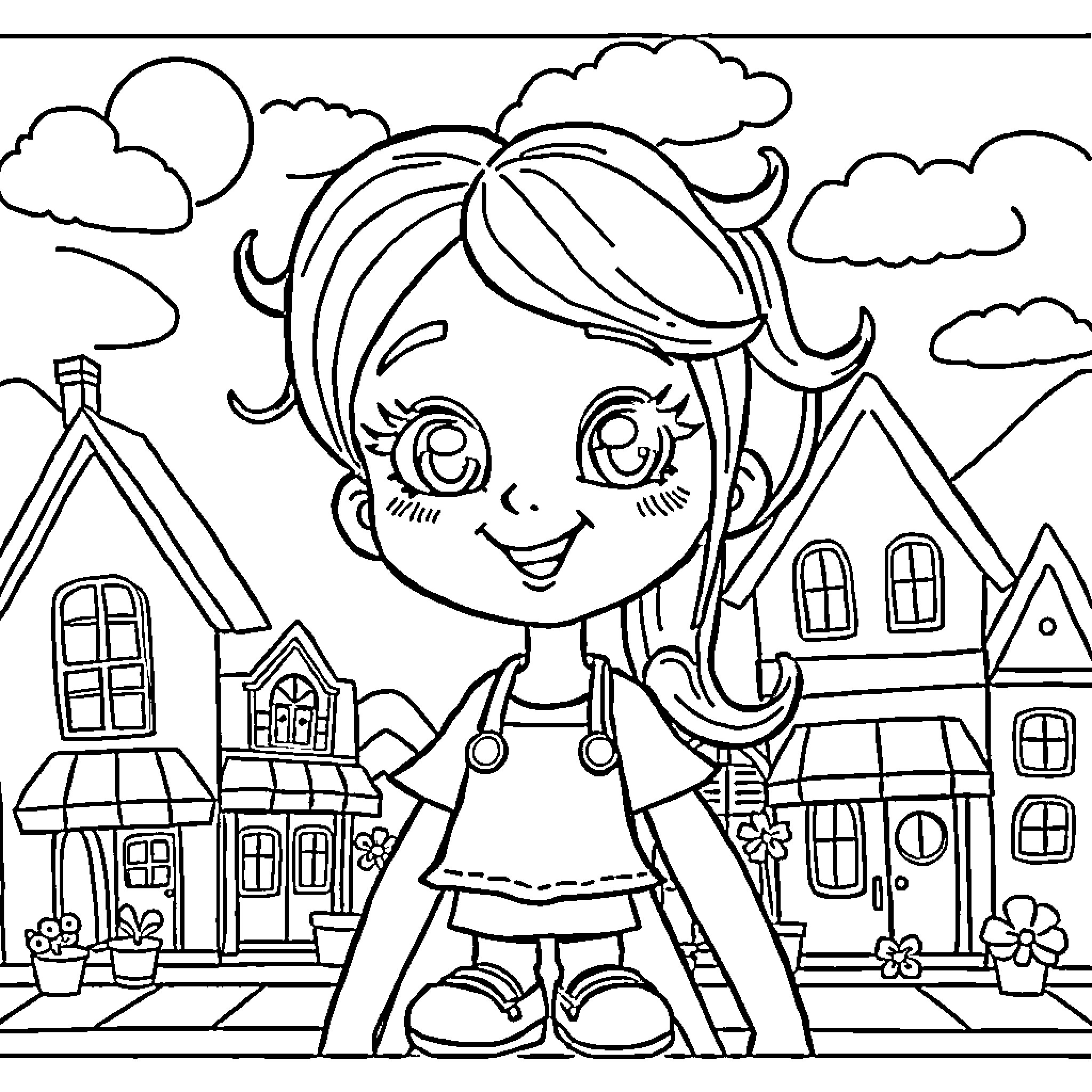 Gabby playing happily in the town Coloring Page (free black-and-white line drawing printable PDF for all, from beginners to advanced learners, including children, teens, adults, and seniors)