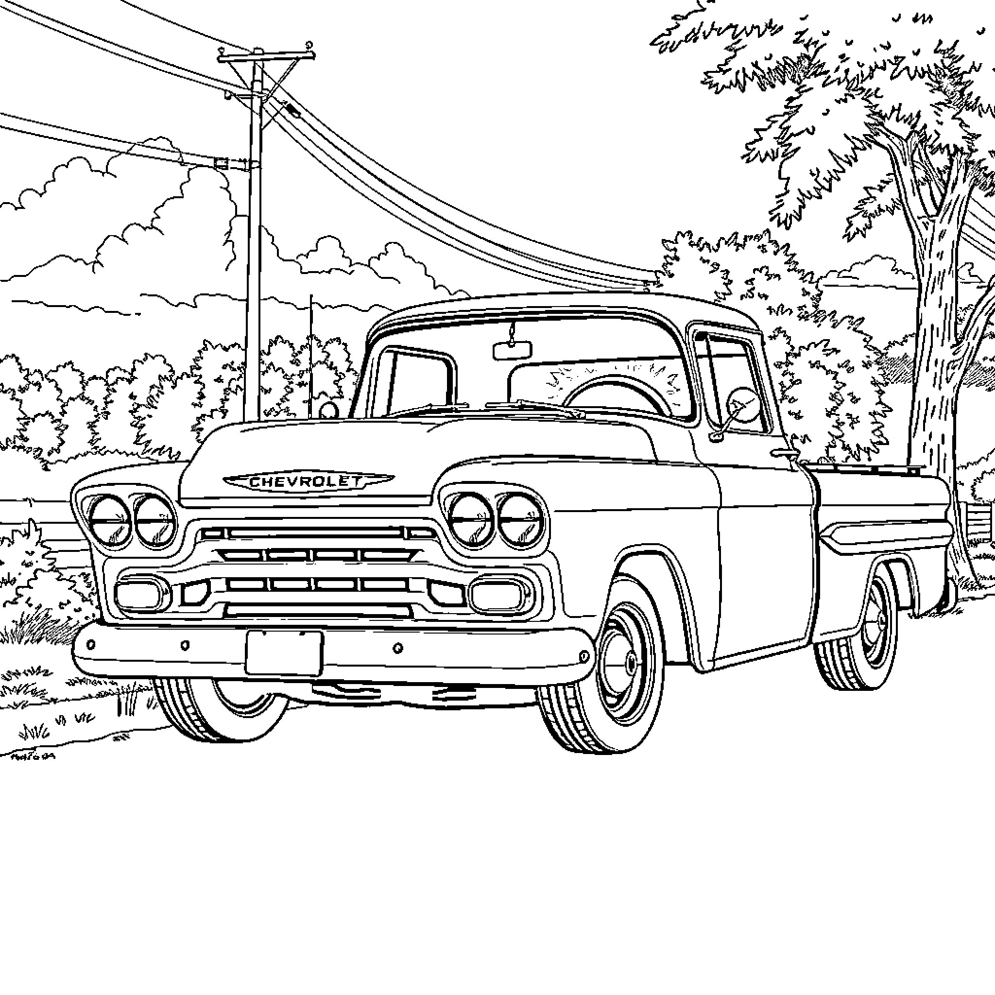 Chevy Pickup in Scenic Countryside Coloring Page (free black-and-white line drawing printable PDF for all, from beginners to advanced learners, including children, teens, adults, and seniors)