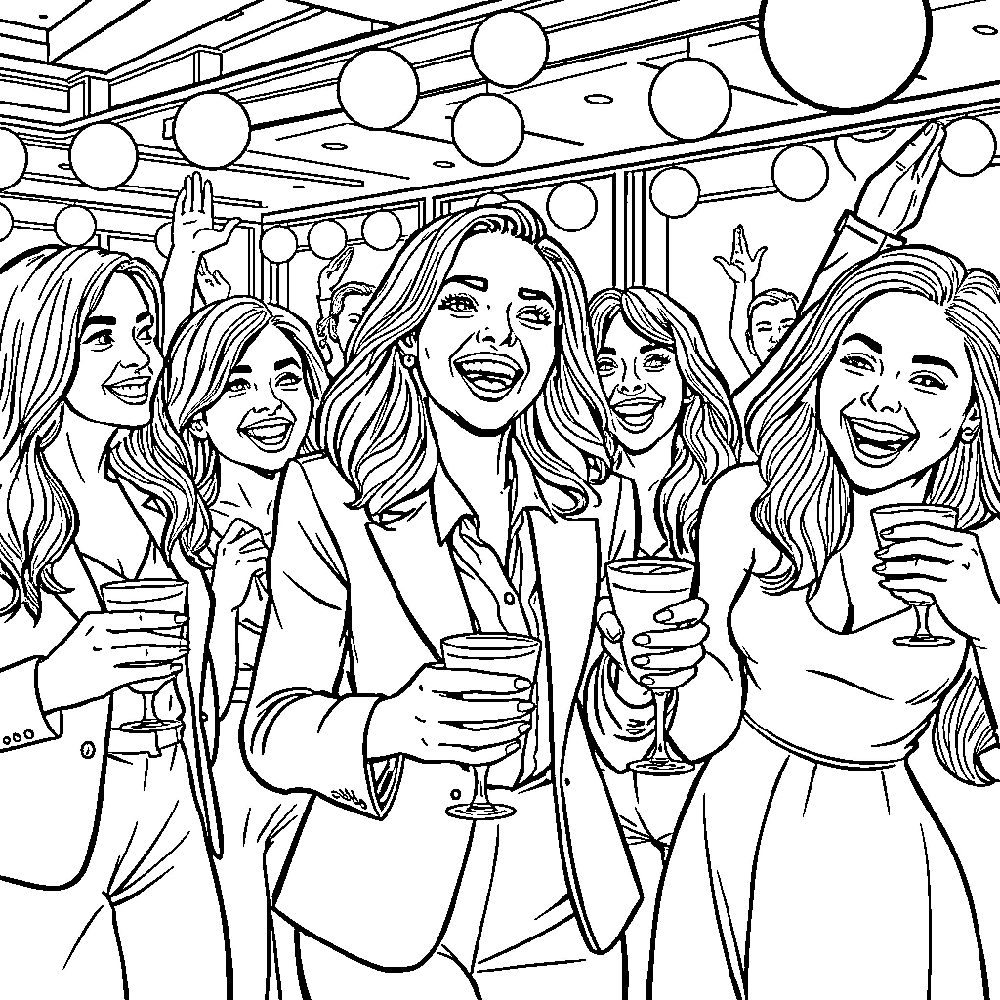Attorney friends celebrating at a party Coloring Page (free black-and-white line drawing printable PDF for all, from beginners to advanced learners, including children, teens, adults, and seniors)