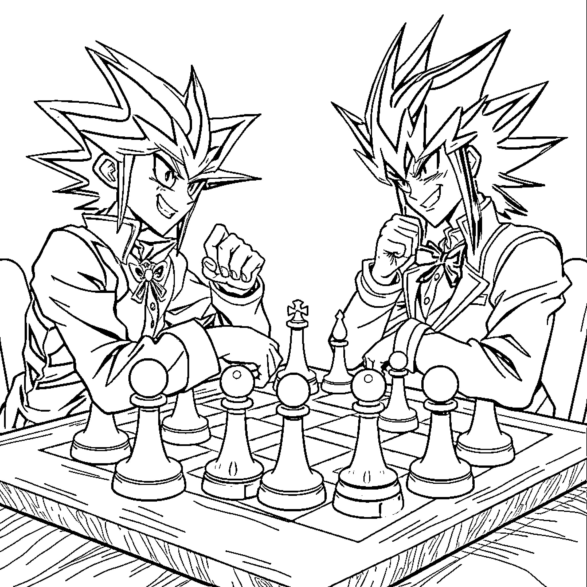 Yugioh characters playing a tense chess game Coloring Page (free black-and-white line drawing printable PDF for all, from beginners to advanced learners, including children, teens, adults, and seniors)