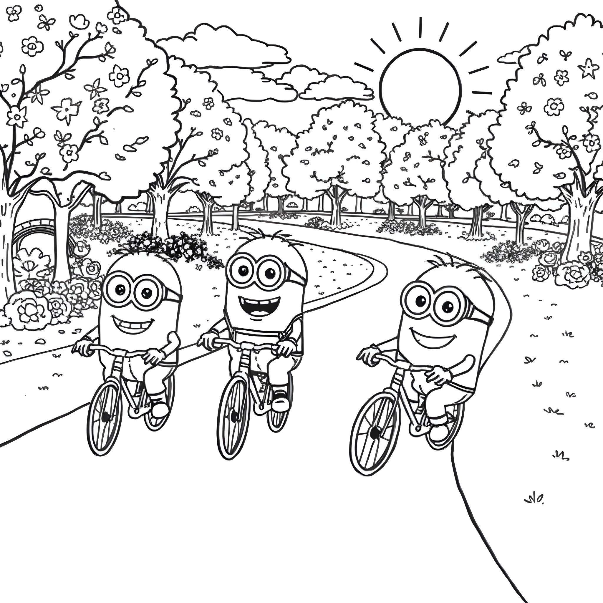 Minions riding bicycles in a beautiful outdoor scene Coloring Page (free black-and-white line drawing printable PDF for all, from beginners to advanced learners, including children, teens, adults, and seniors)