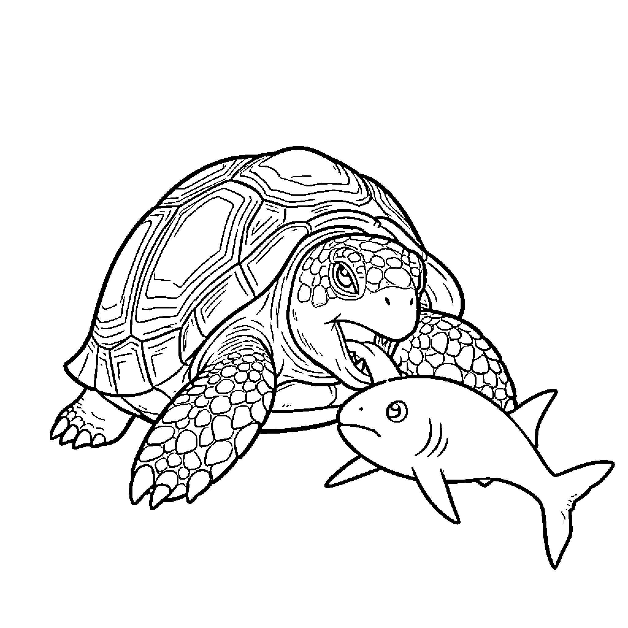 Turtle playfully interacting with a small shark Coloring Page (free black-and-white line drawing printable PDF for all, from beginners to advanced learners, including children, teens, adults, and seniors)
