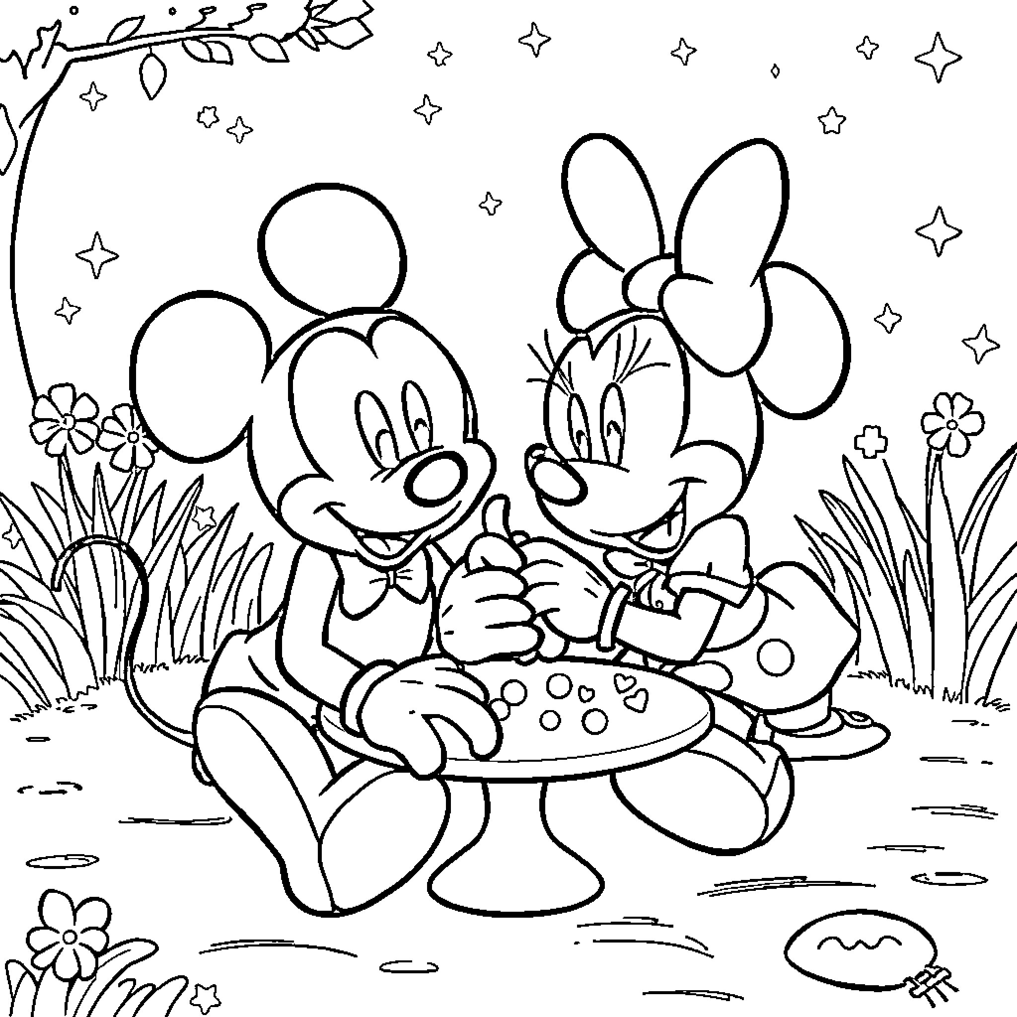 Mickey and Minnie's Picnic in the Park Coloring Page (free black-and-white line drawing printable PDF for all, from beginners to advanced learners, including children, teens, adults, and seniors)