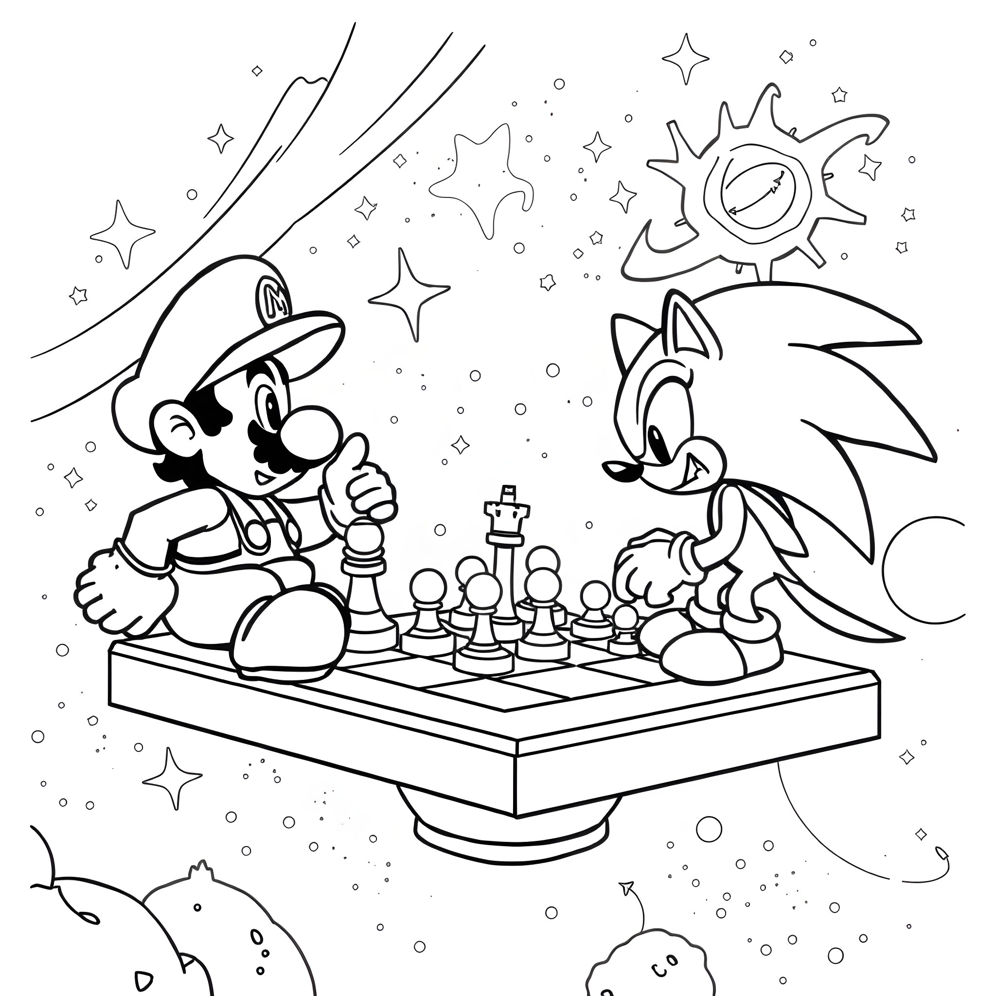 Mario and Sonic playing chess under the stars Coloring Page (free black-and-white line drawing printable PDF for all, from beginners to advanced learners, including children, teens, adults, and seniors)