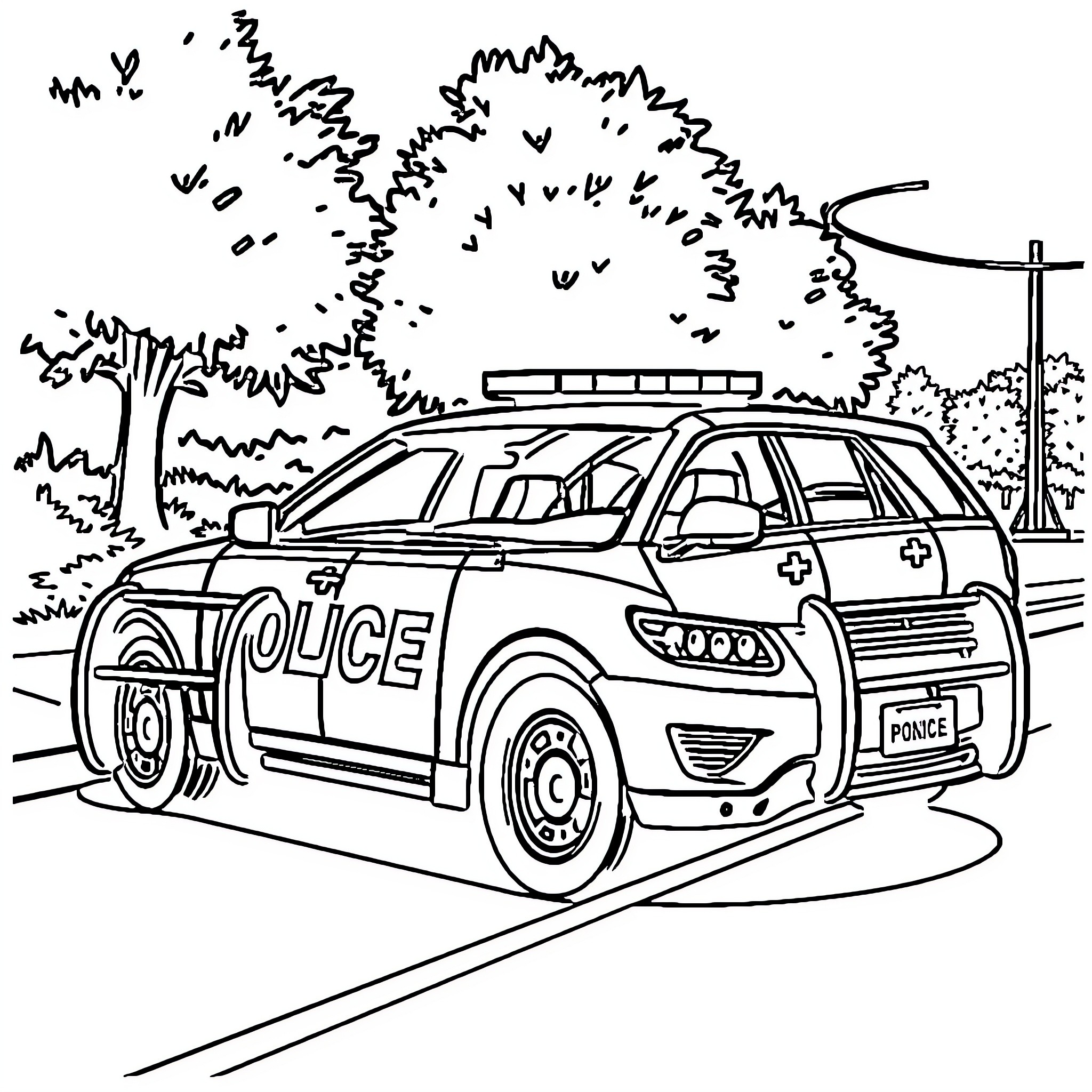 Police Car on Patrol in Neighborhood Coloring Page (free black-and-white line drawing printable PDF for all, from beginners to advanced learners, including children, teens, adults, and seniors)