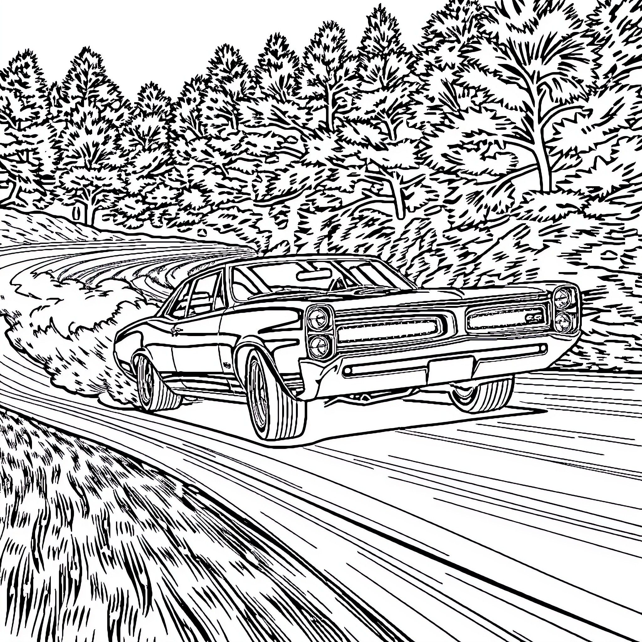 Pontiac GTO speeding on a winding road through a forest Coloring Page (free black-and-white line drawing printable PDF for all, from beginners to advanced learners, including children, teens, adults, and seniors)