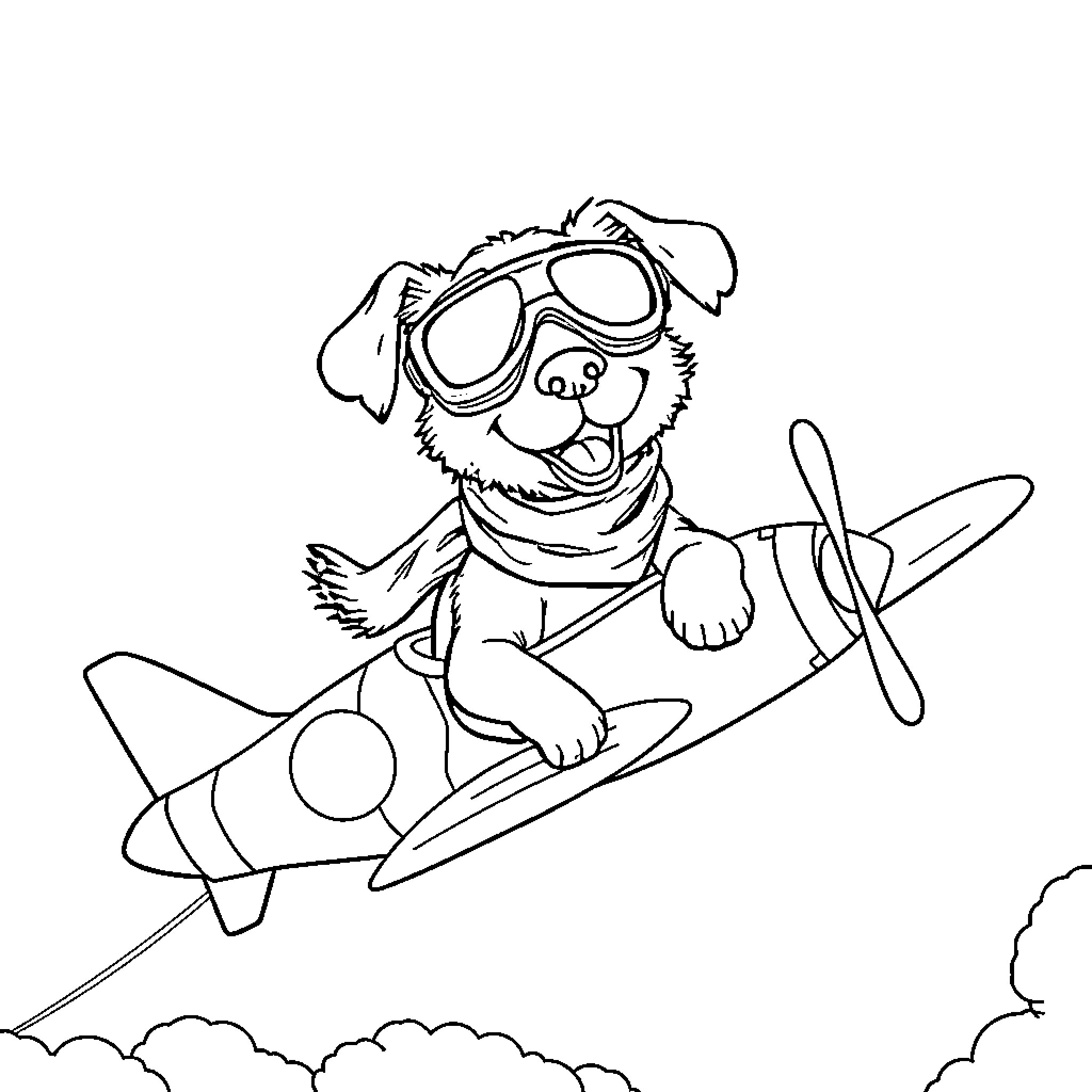Dog flying an airplane with goggles Coloring Page (free black-and-white line drawing printable PDF for all, from beginners to advanced learners, including children, teens, adults, and seniors)