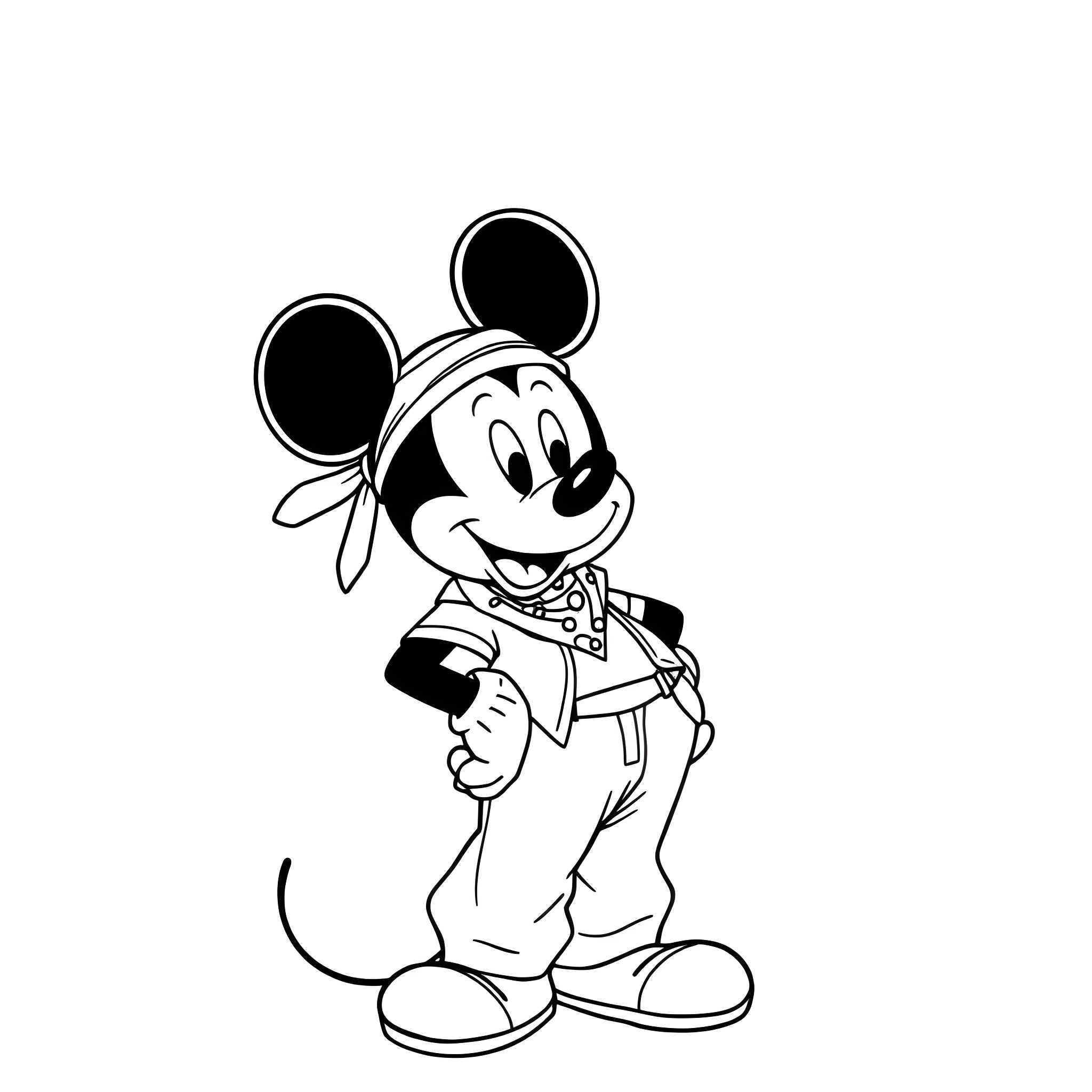 Mickey Mouse in a Cheerful Pose Coloring Page (free black-and-white line drawing printable PDF for all, from beginners to advanced learners, including children, teens, adults, and seniors)