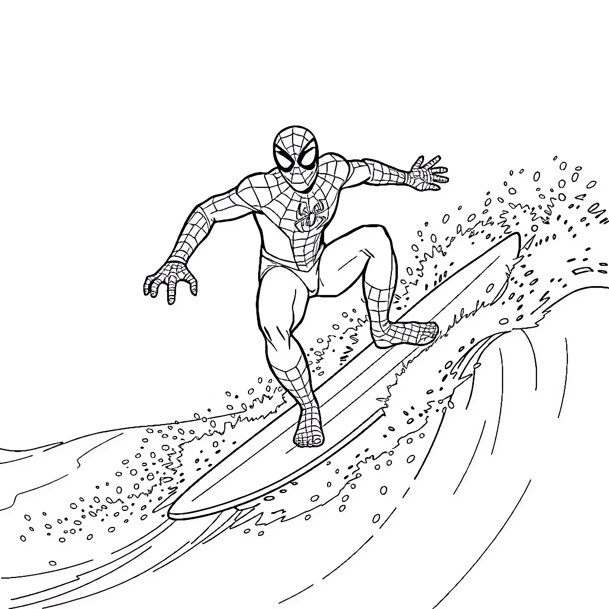 Spiderman surfing on a web with high energy Coloring Page (free black-and-white line drawing printable PDF for all, from beginners to advanced learners, including children, teens, adults, and seniors)