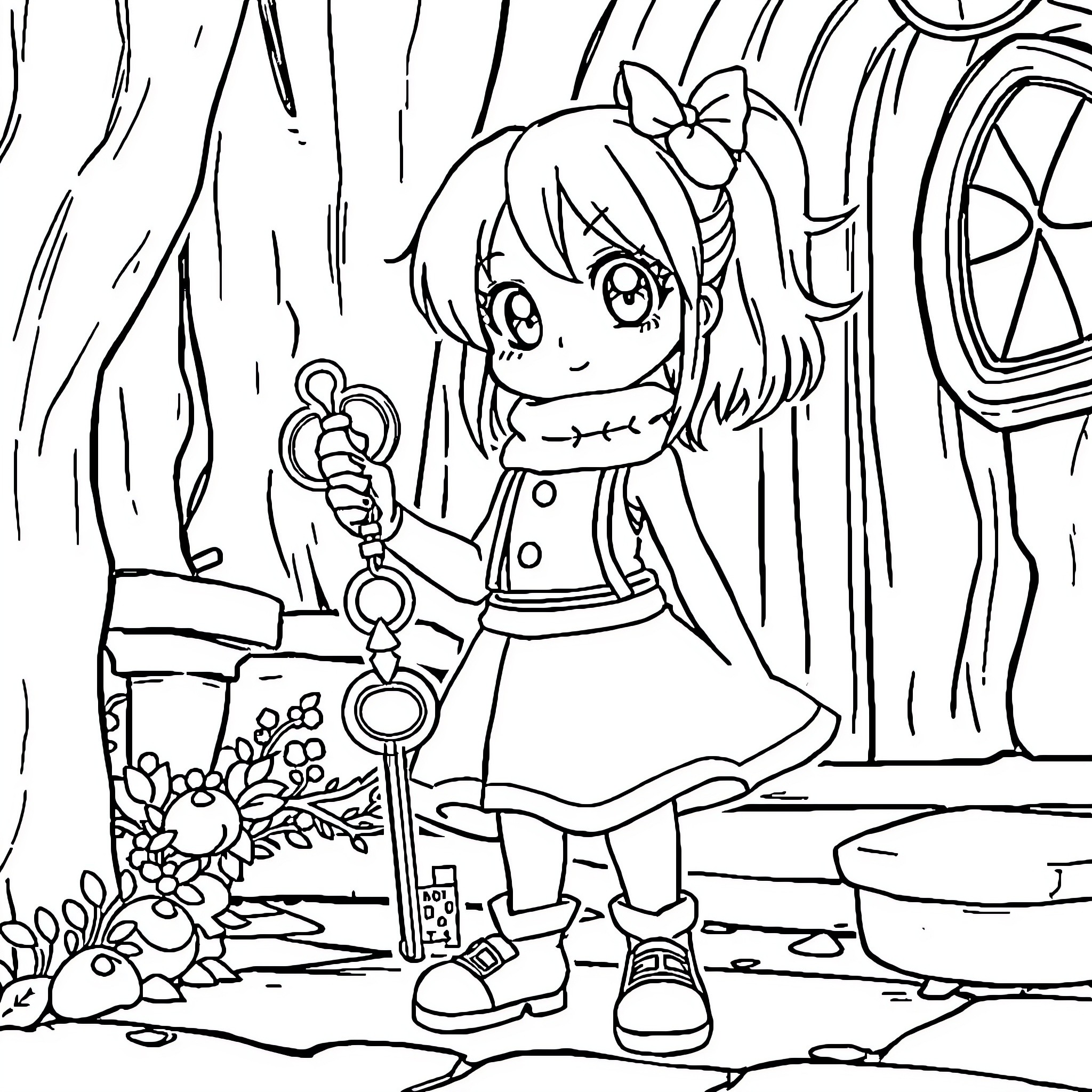 Lucy's Playful Adventure in the Enchanted Forest Coloring Page (free black-and-white line drawing printable PDF for all, from beginners to advanced learners, including children, teens, adults, and seniors)