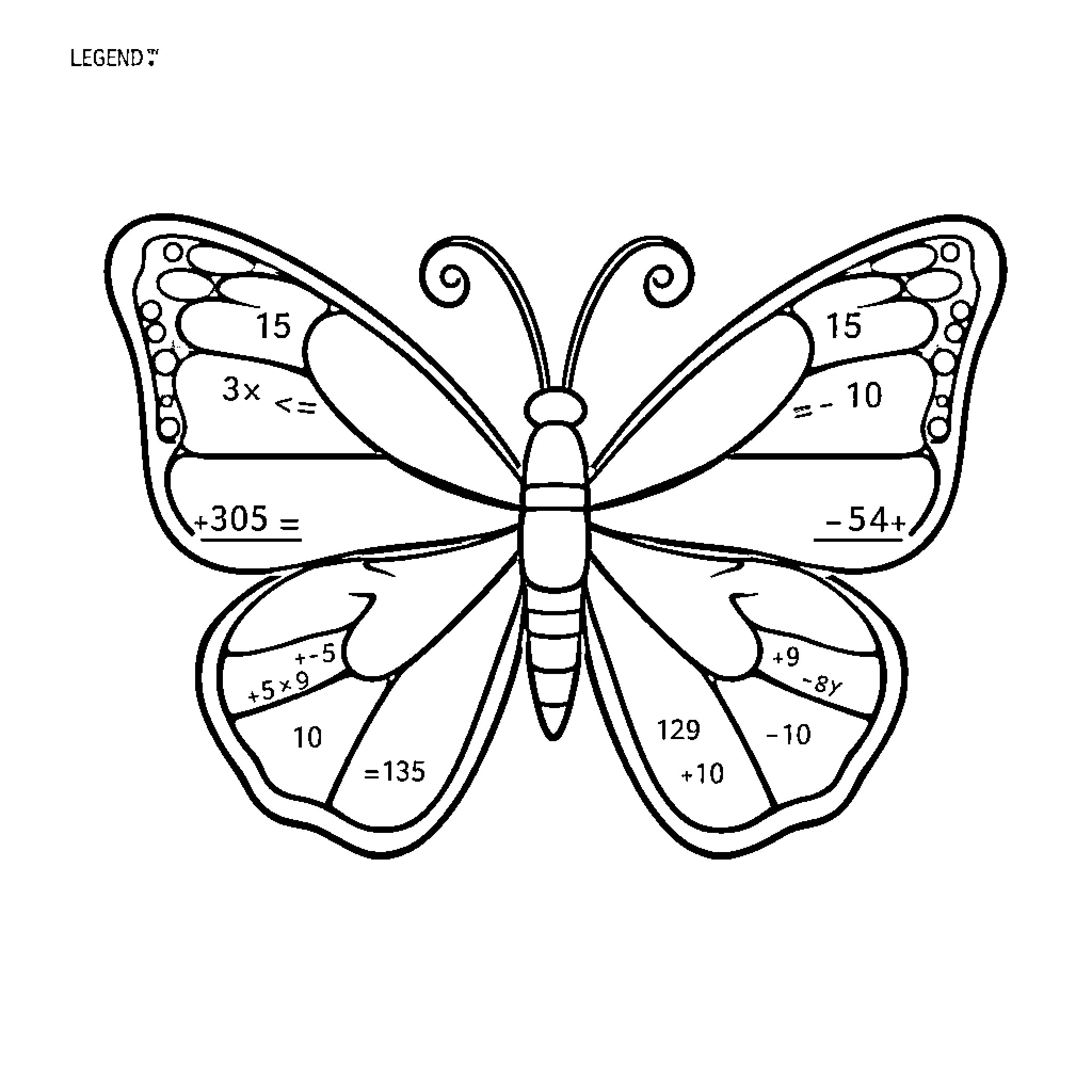 Butterfly math puzzle with colorful patterns Coloring Page (free black-and-white line drawing printable PDF for all, from beginners to advanced learners, including children, teens, adults, and seniors)