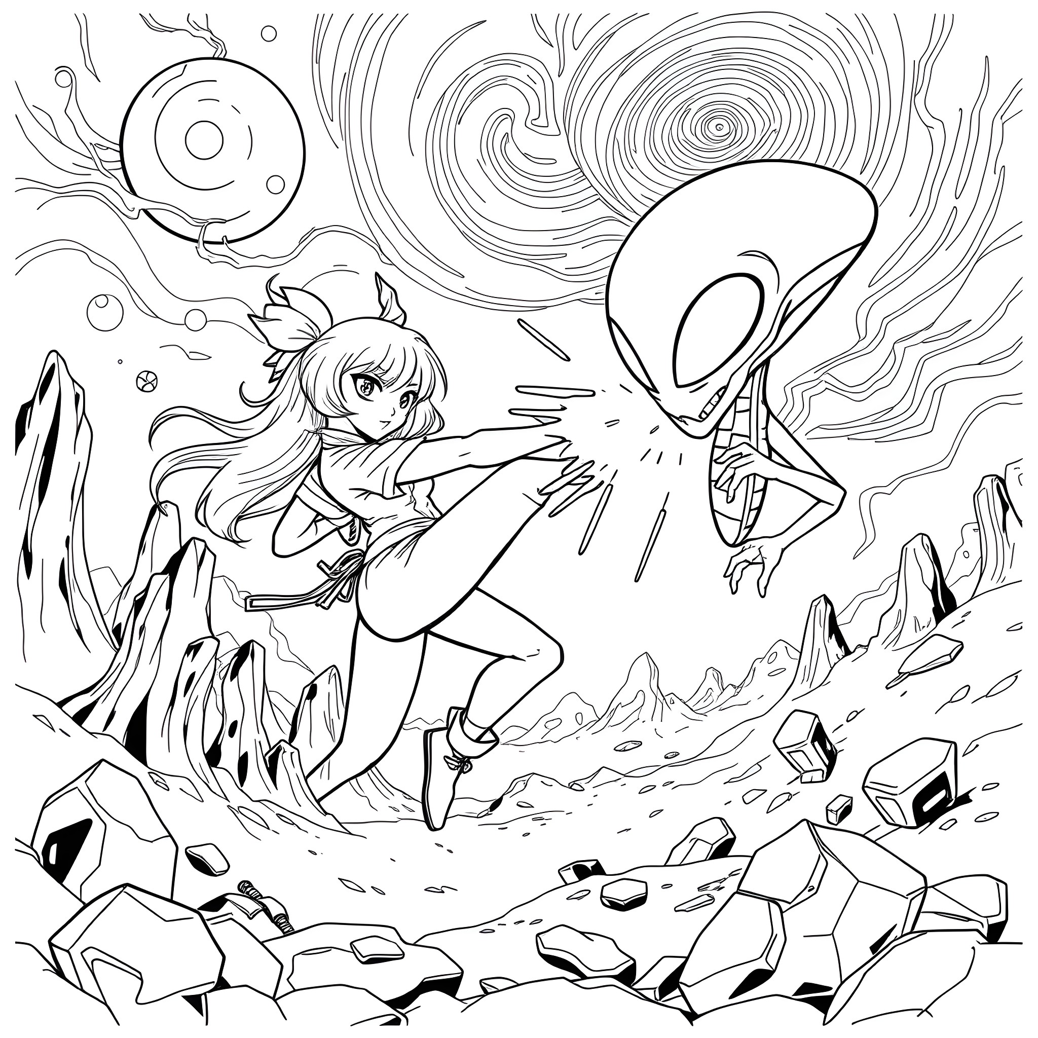 Momo battles a mysterious creature in a surreal landscape Coloring Page (free black-and-white line drawing printable PDF for all, from beginners to advanced learners, including children, teens, adults, and seniors)
