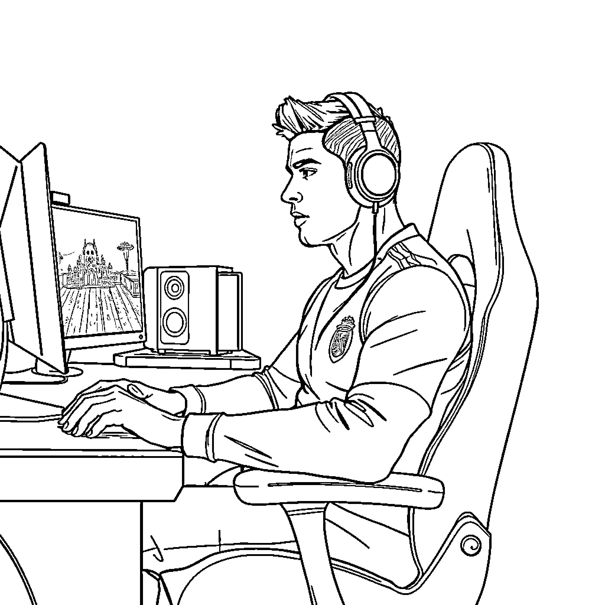 Ronaldo Gaming at Computer with Headset Coloring Page (free black-and-white line drawing printable PDF for all, from beginners to advanced learners, including children, teens, adults, and seniors)