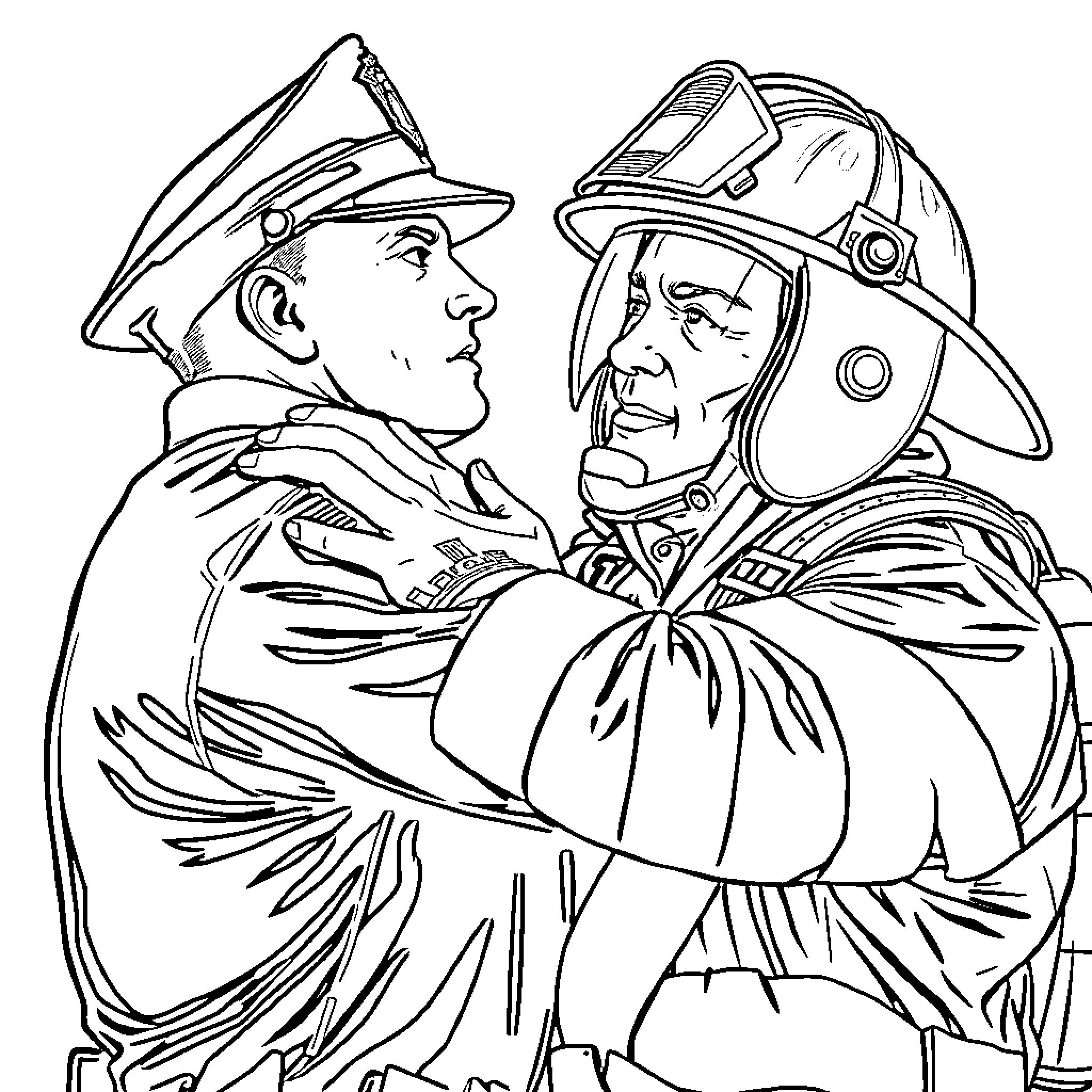 Police Officers Assisting One Another Coloring Page (free black-and-white line drawing printable PDF for all, from beginners to advanced learners, including children, teens, adults, and seniors)