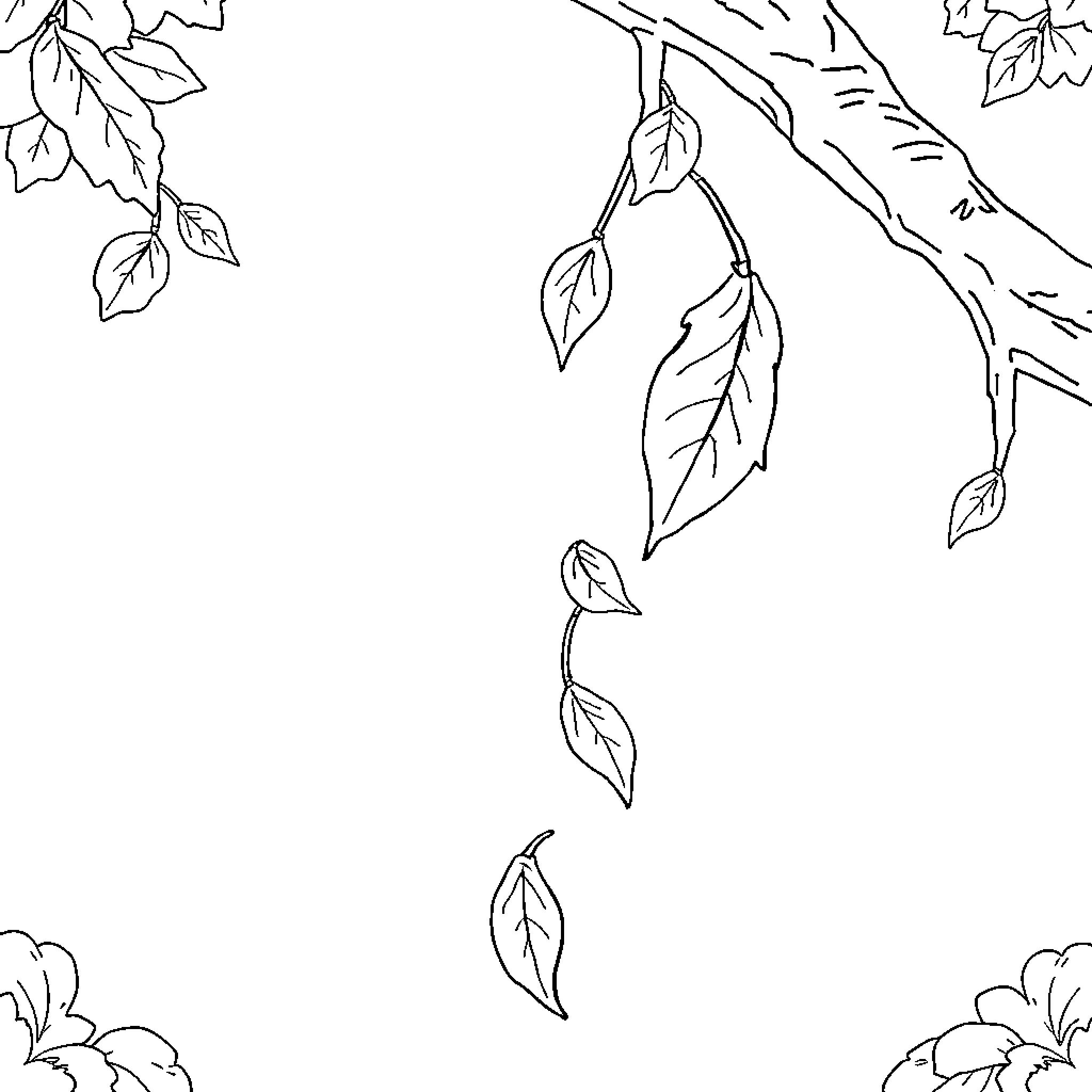 Leaf falling gently from trees Coloring Page (free black-and-white line drawing printable PDF for all, from beginners to advanced learners, including children, teens, adults, and seniors)