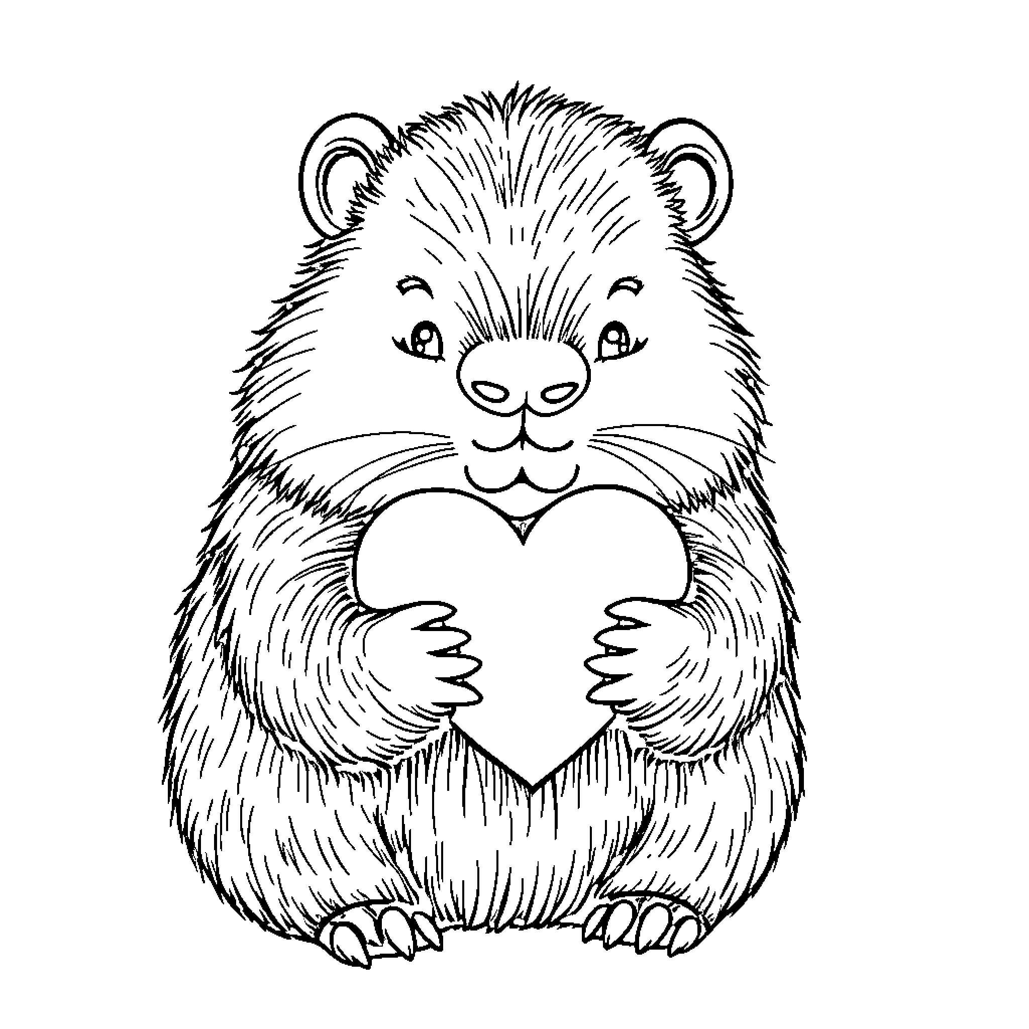 Capybara holding heart-shaped object Coloring Page (free black-and-white line drawing printable PDF for all, from beginners to advanced learners, including children, teens, adults, and seniors)