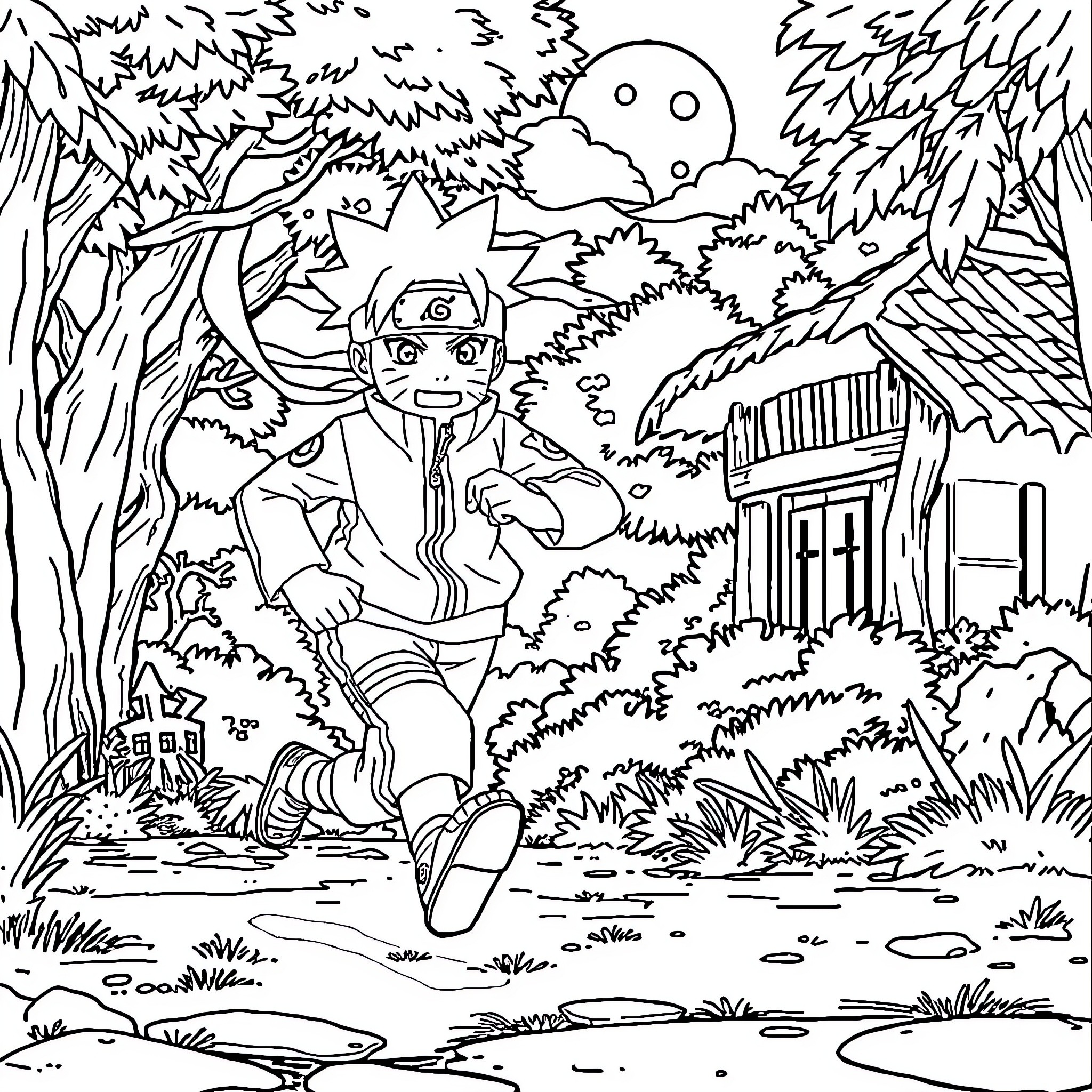 Naruto exploring the wilderness near his home Coloring Page (free black-and-white line drawing printable PDF for all, from beginners to advanced learners, including children, teens, adults, and seniors)