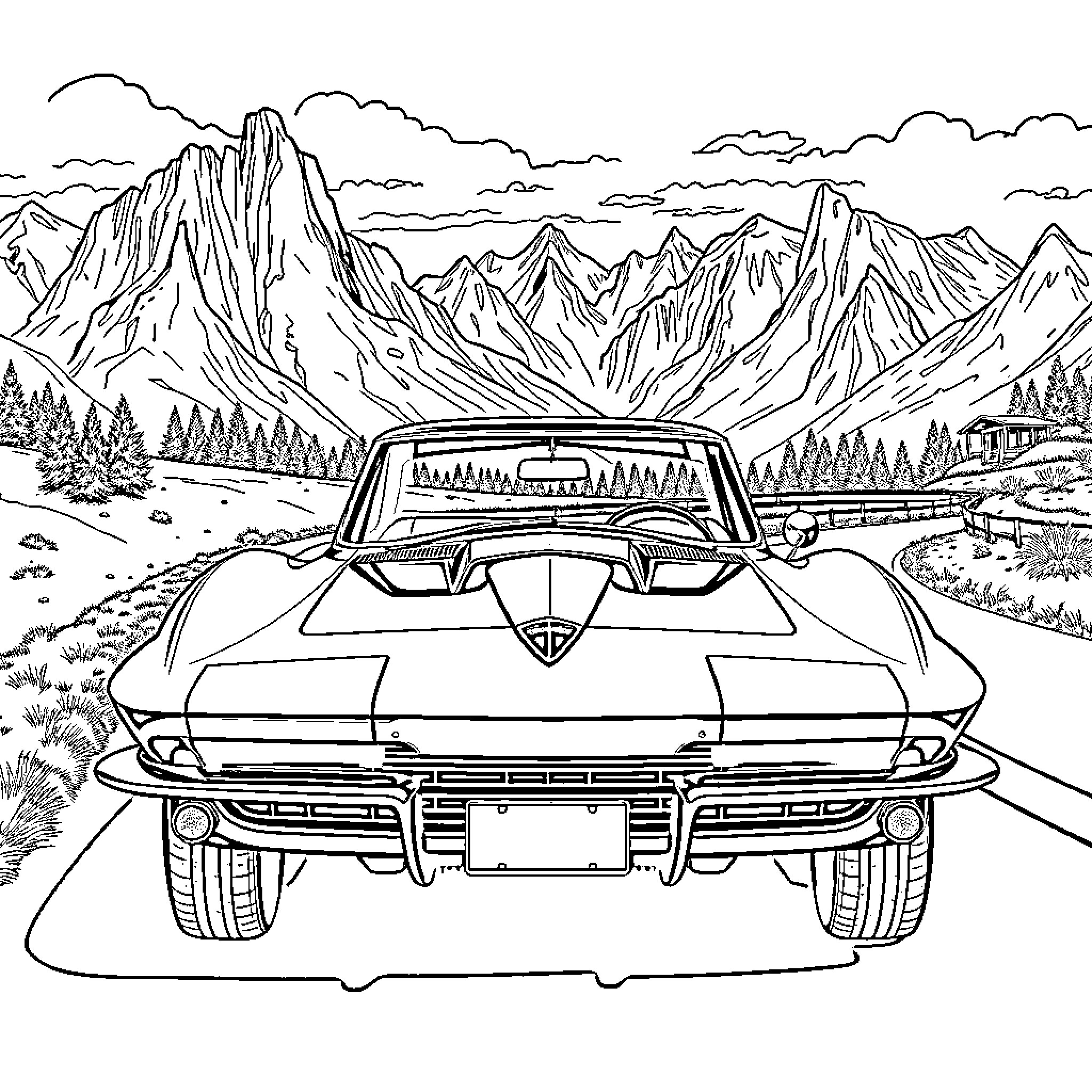 Corvette cruising through scenic mountain landscape Coloring Page (free black-and-white line drawing printable PDF for all, from beginners to advanced learners, including children, teens, adults, and seniors)