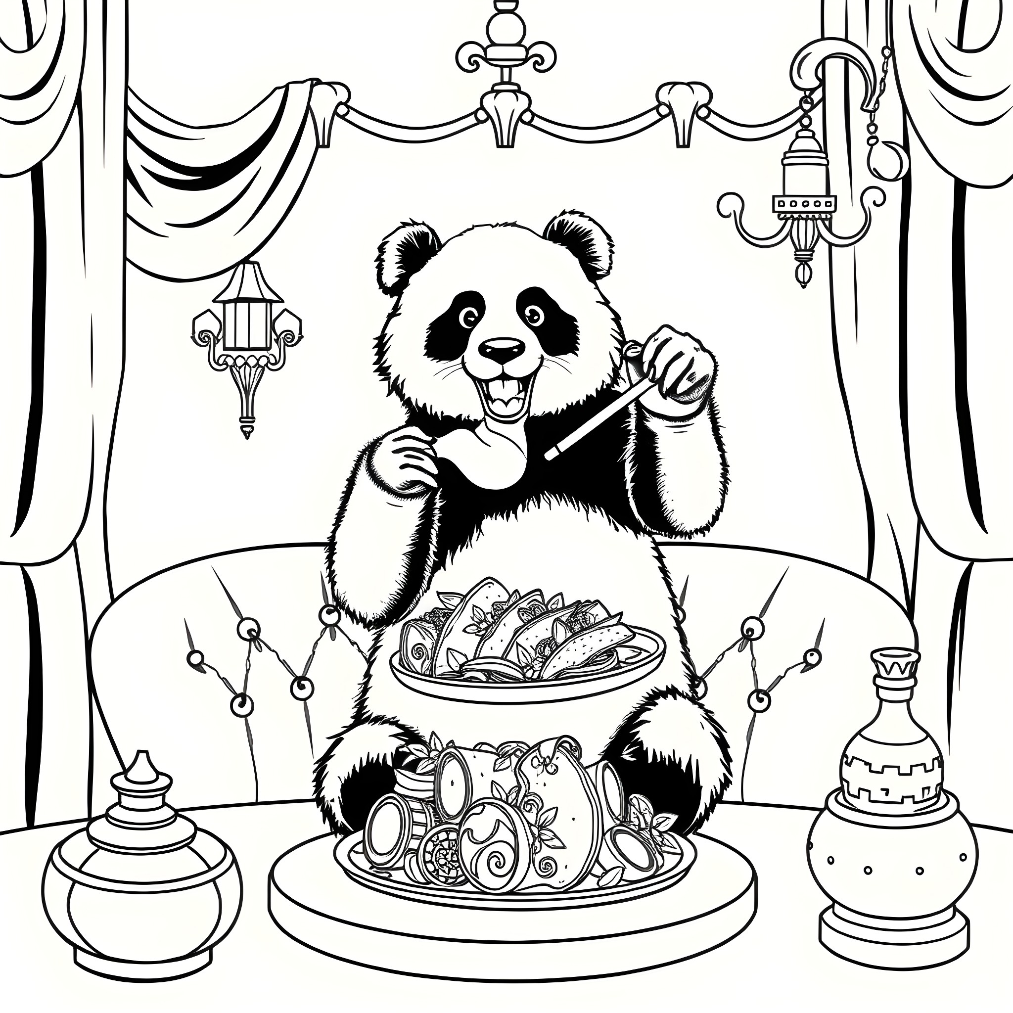 Panda enjoying a delightful meal in a lavish setting Coloring Page (free black-and-white line drawing printable PDF for all, from beginners to advanced learners, including children, teens, adults, and seniors)