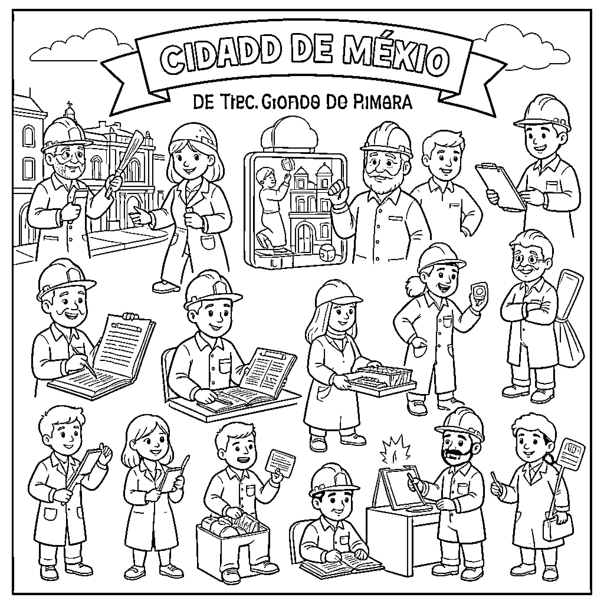 Professions of various people working in a city scene Coloring Page (free black-and-white line drawing printable PDF for all, from beginners to advanced learners, including children, teens, adults, and seniors)