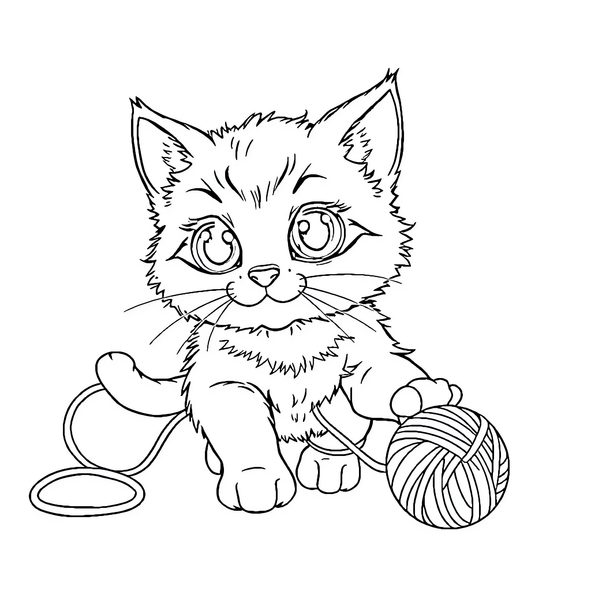 Cat playing with yarn in a coloring book Coloring Page (free black-and-white line drawing printable PDF for all, from beginners to advanced learners, including children, teens, adults, and seniors)