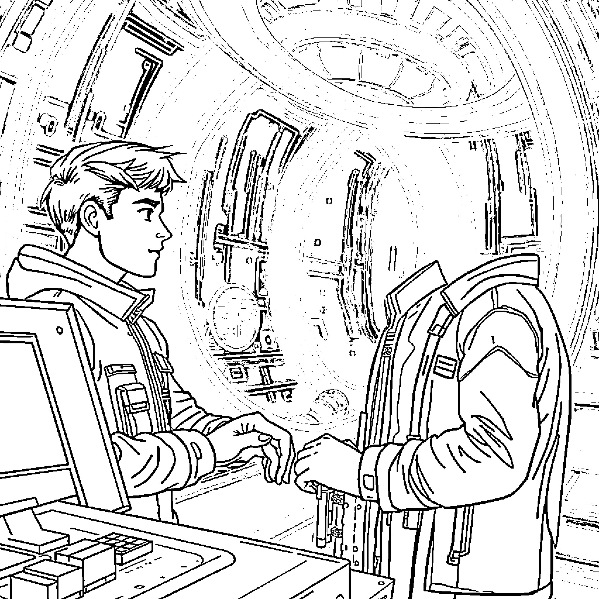 Tron characters operating futuristic technology Coloring Page (free black-and-white line drawing printable PDF for all, from beginners to advanced learners, including children, teens, adults, and seniors)