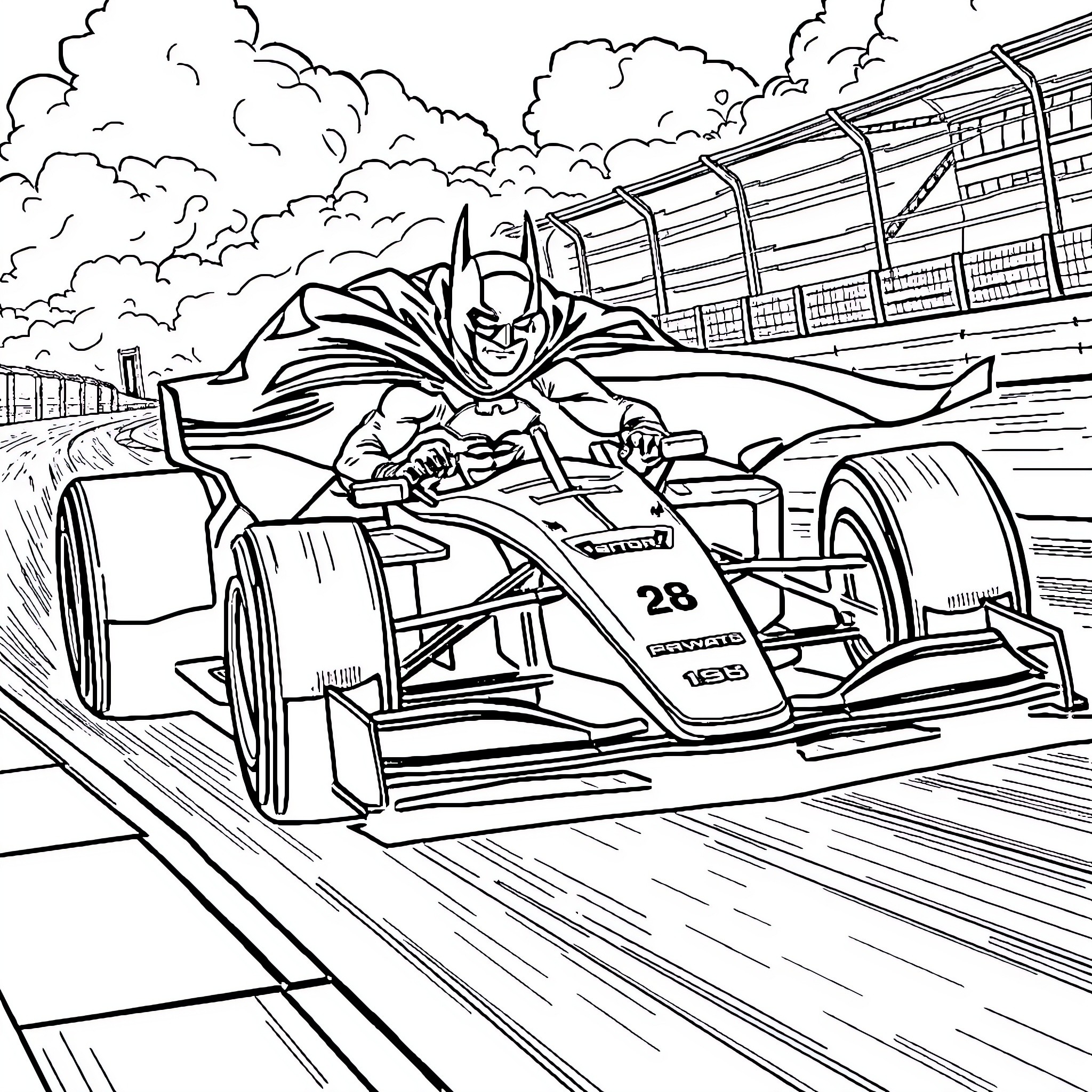 Batman racing on a Formula One racetrack Coloring Page (free black-and-white line drawing printable PDF for all, from beginners to advanced learners, including children, teens, adults, and seniors)