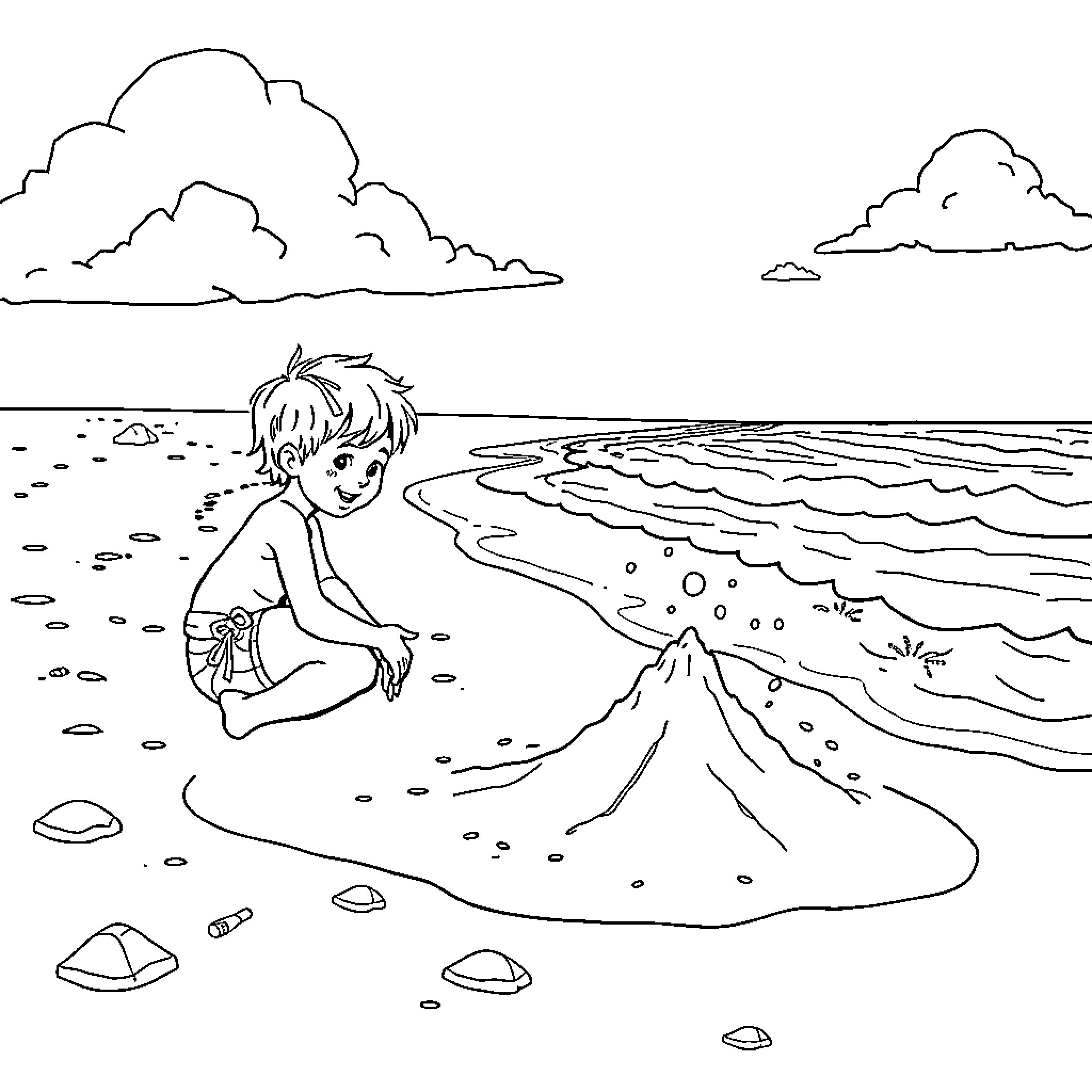 Kid playing on the beach by the ocean Coloring Page (free black-and-white line drawing printable PDF for all, from beginners to advanced learners, including children, teens, adults, and seniors)